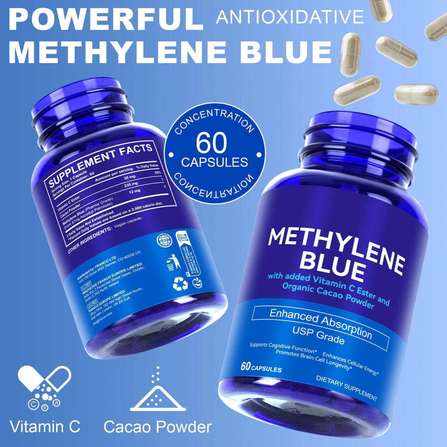 YEMFGQOE Methylene Blue Pharmaceutical Grade Supplement, 60 Capsules
