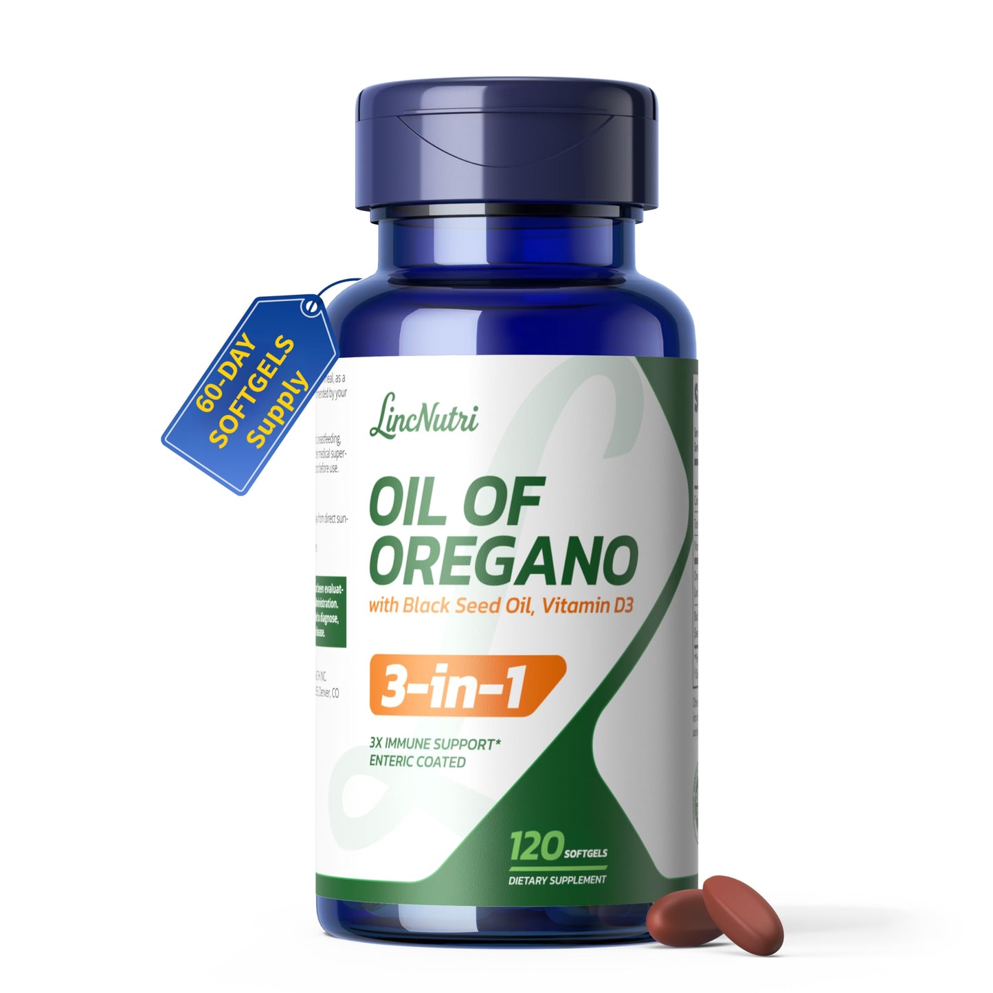 LincNutri Oil of Oregano with Black Seed Oil & Vitamin D3 165mg Carvacrol Enteric-Coated Softgels 120 Softgels