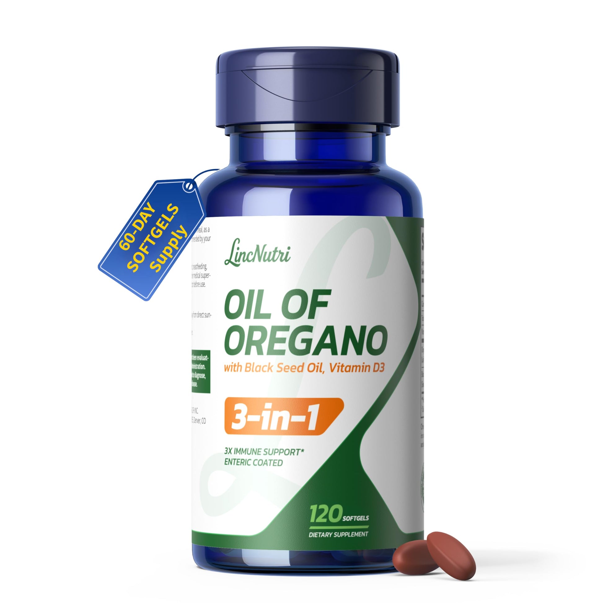 LincNutri Oil of Oregano with Black Seed Oil & Vitamin D3 Softgels, 120 Count