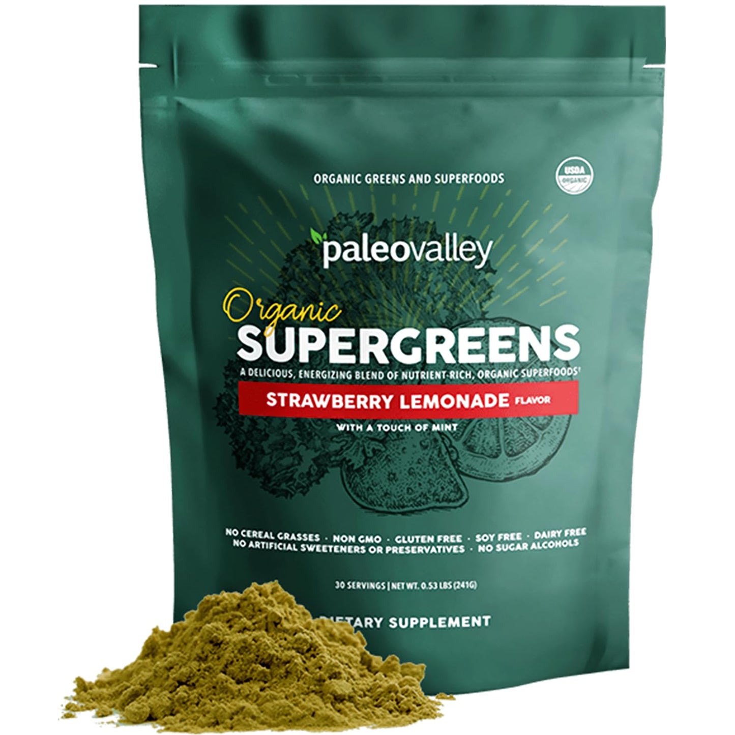 Paleovalley Organic Supergreens Powder with 23 Superfoods, Strawberry Lemon, 8.48 Ounce