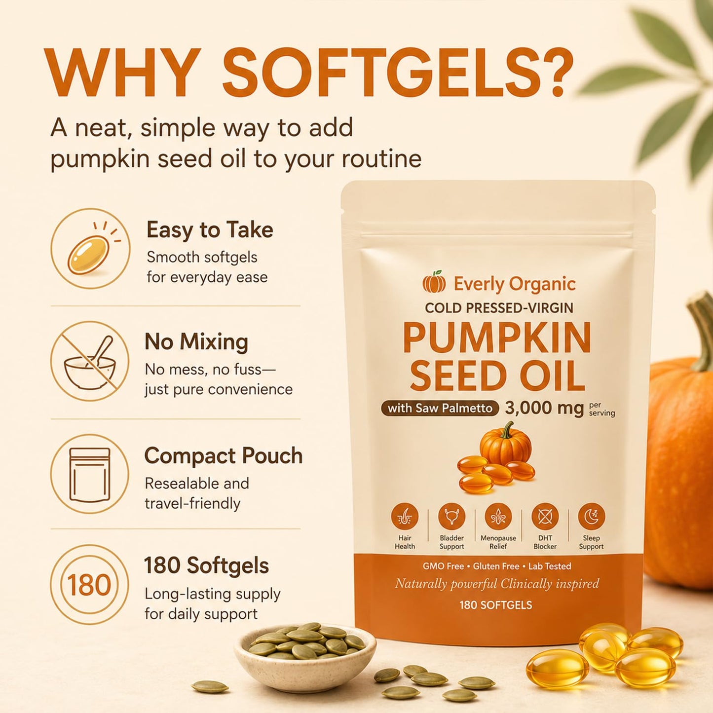 Everly Organic Pumpkin Seed Oil with Saw Palmetto Softgels, 180-count
