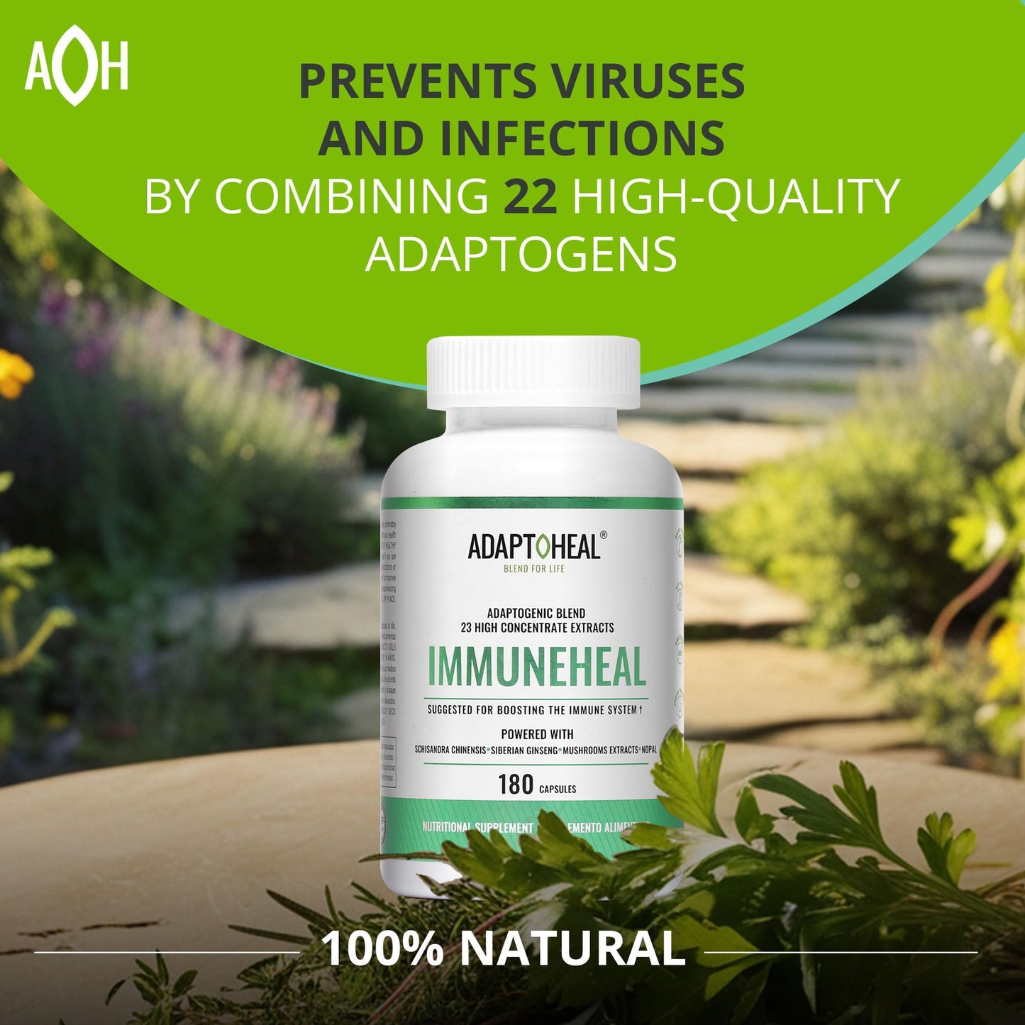 ADAPTOHEAL Immuneheal Immune System Support Supplement – Adaptogenic Blend - 23 Concentrate Extracts with Reishi, Ginseng & Astragalus – Daily Wellness Support Capsules, 180 Count