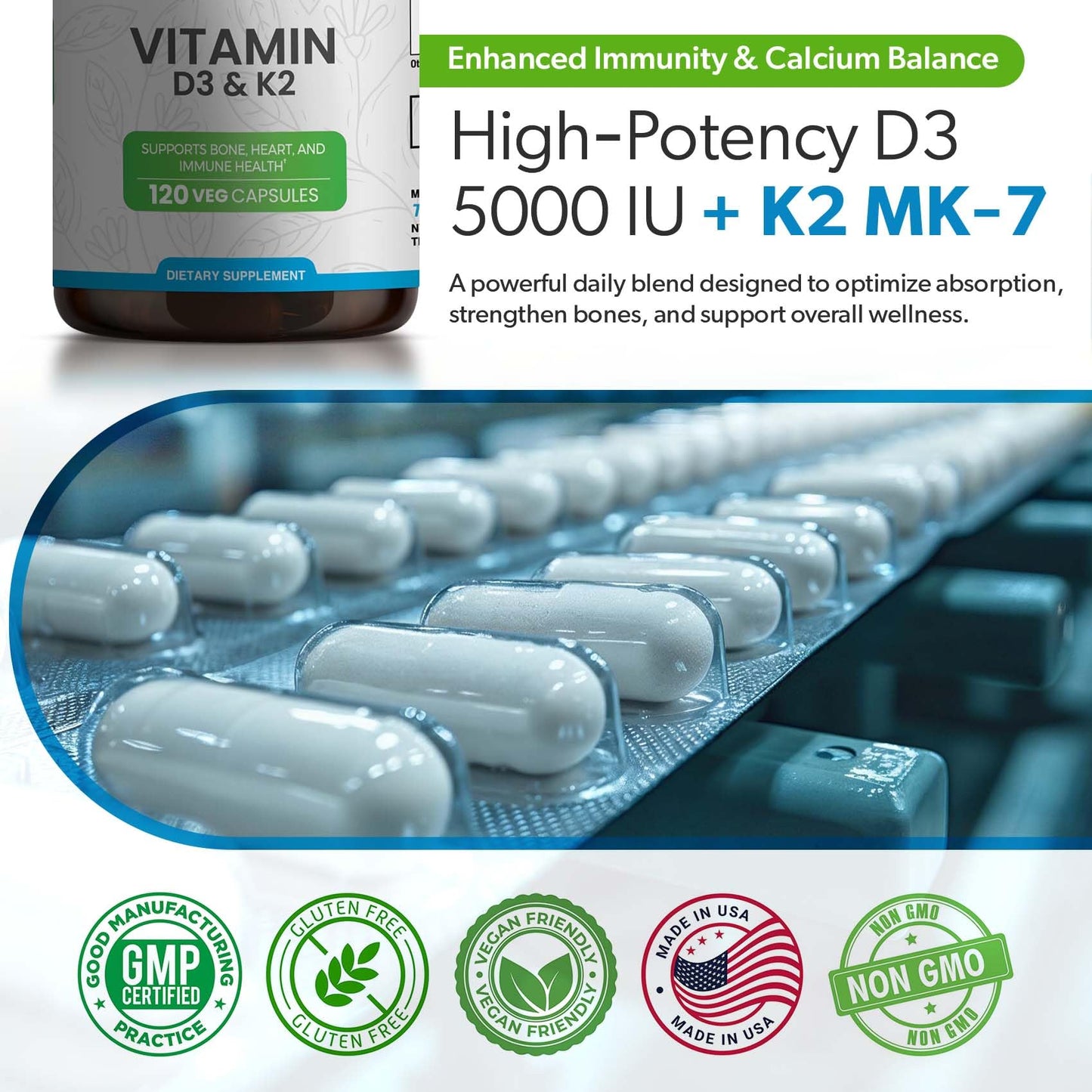 TRUEMED Vitamin D3 K2 5000 IU MK-7 90 mcg Veg Capsules, 120 Count