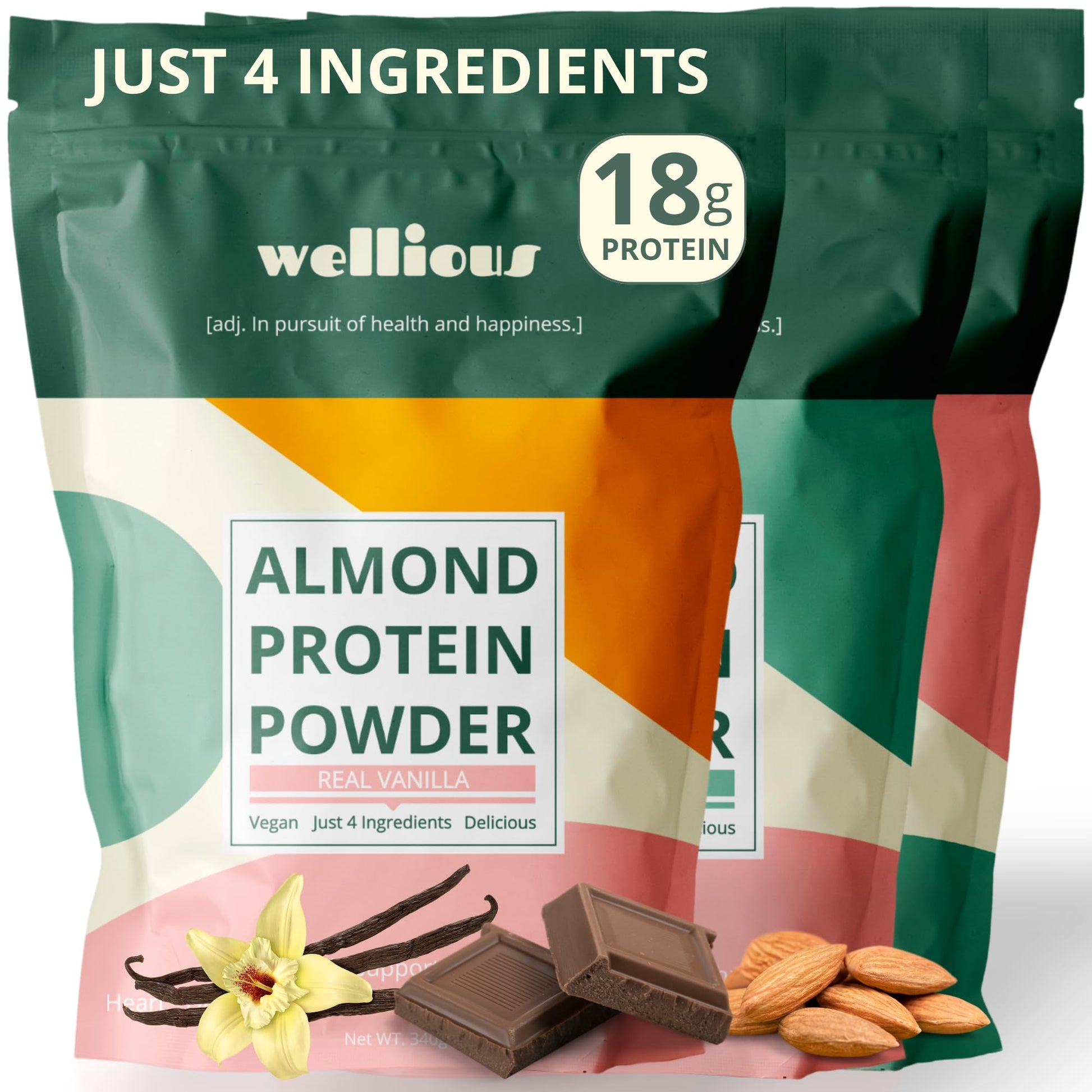 wellious Almond Protein Powder 3-Pack (Vanilla, Chocolate, Unflavored) - 18 g Vegan Protein Powder - Gluten-Free, Soy-Free