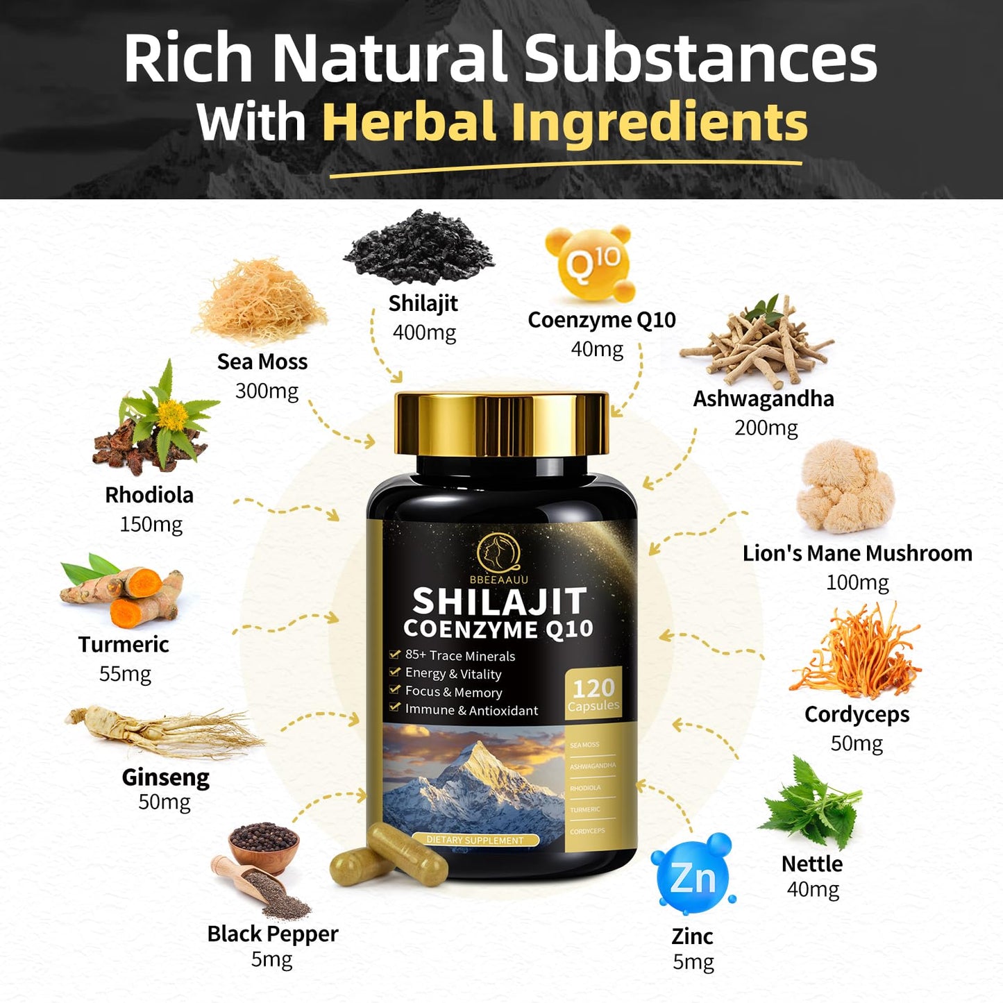 BBEEAAUU Shilajit Capsules with Sea Moss & Ashwagandha for Men & Women, 12 in 1 Himalayan Shilajit Supplements with Coenzyme Q10, Fulvic Acid & Humic Acid, Lion's Mane, Energy & Immune, Capsules, 240 Count