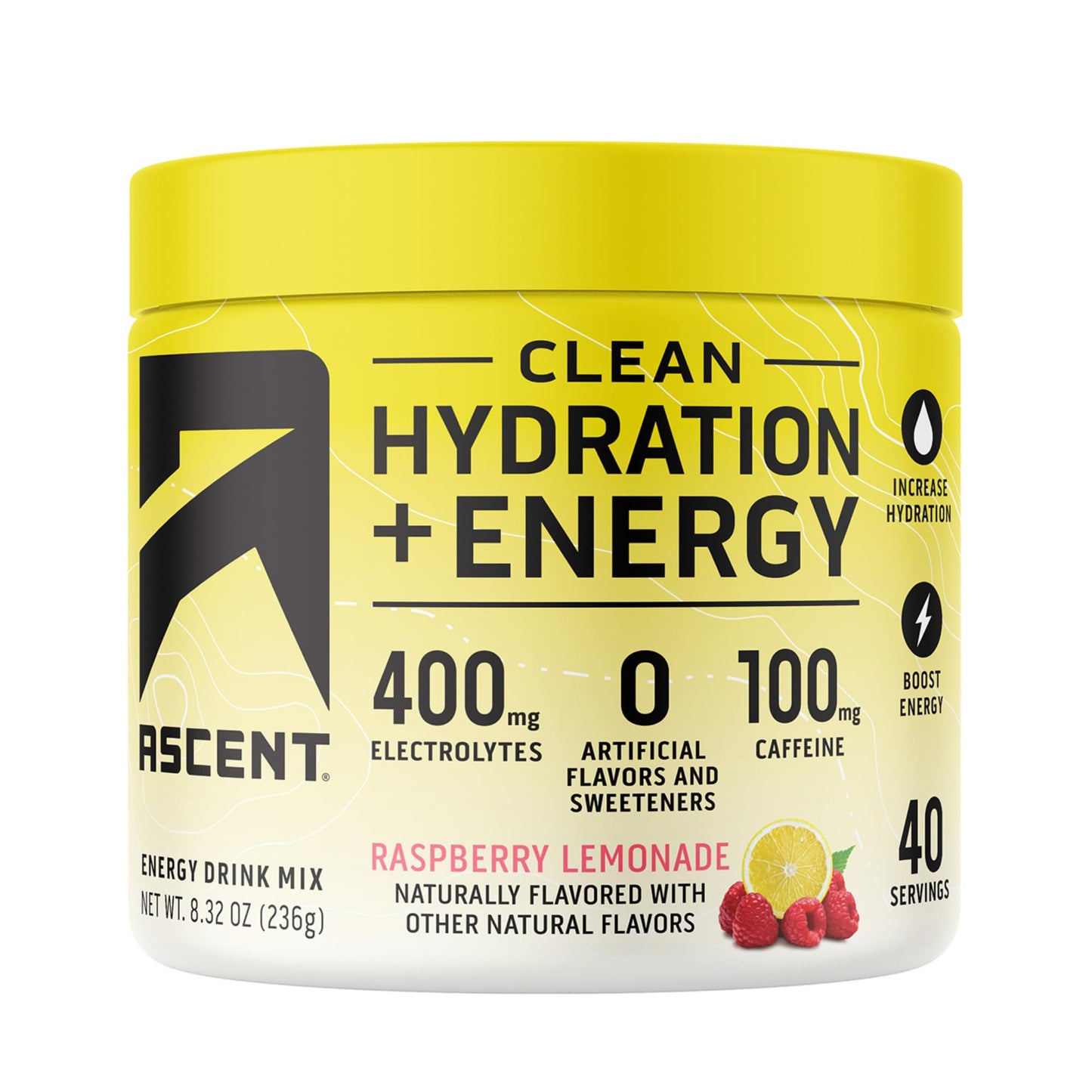 Ascent Clean Hydration + Energy Electrolytes Powder 8.32 Ounce, 40 Servings