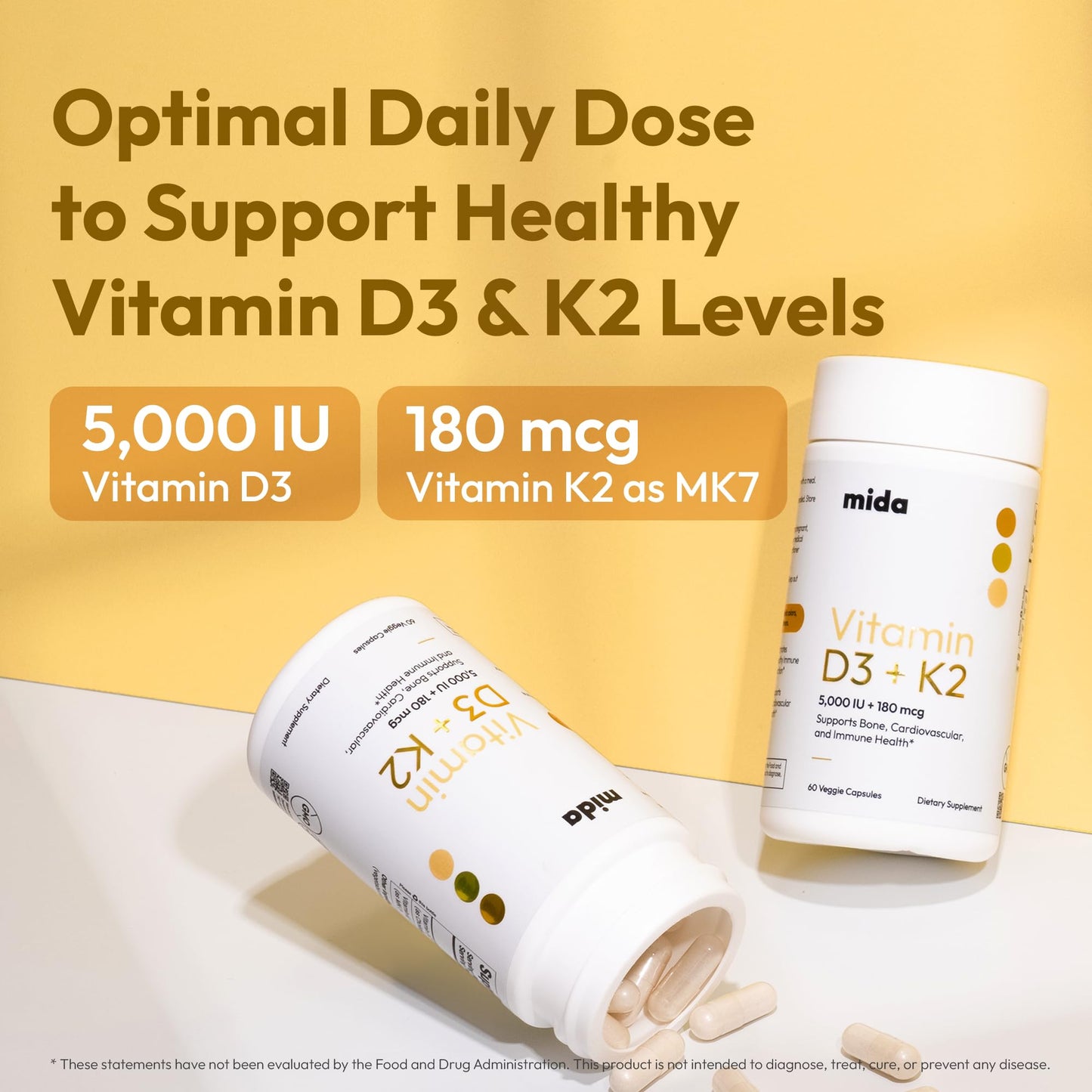 Mida Health Vitamin D3 K2 5000 IU with MK7 (180 mcg) Capsules 60