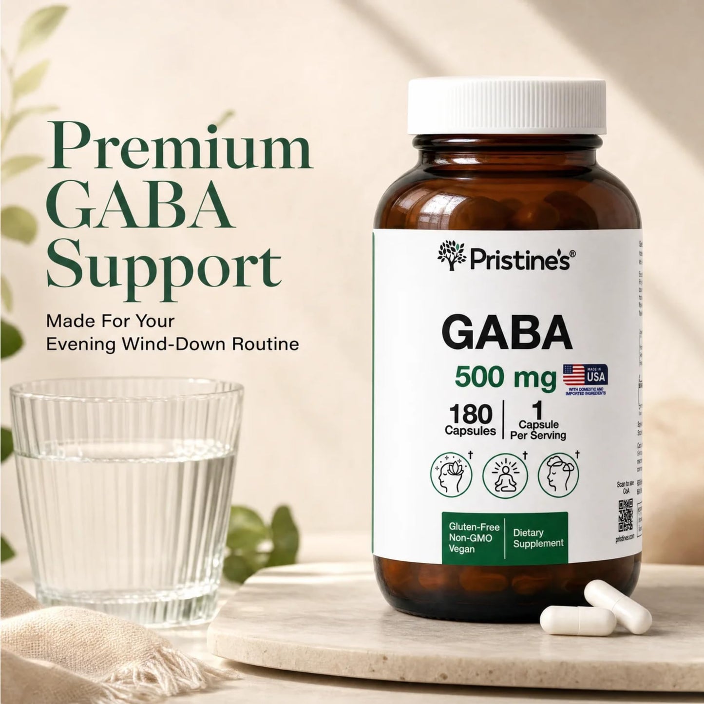 PRISTINE'S GABA 500mg Sleep Quality Support Capsules 180 Count