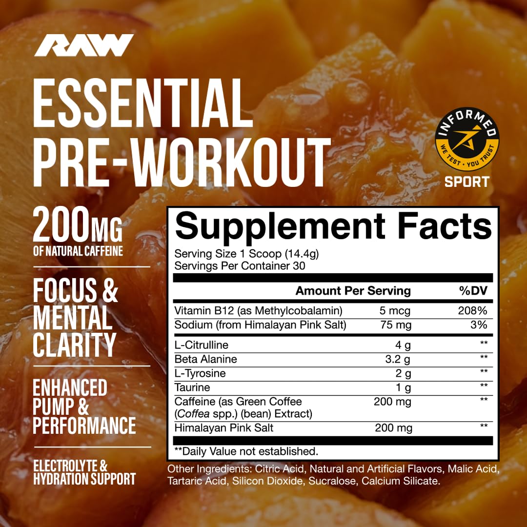RAW Essential Pre Chris Bumstead Pre Workout Formula Powder 14.9 oz Peach Mango - 30 Servings