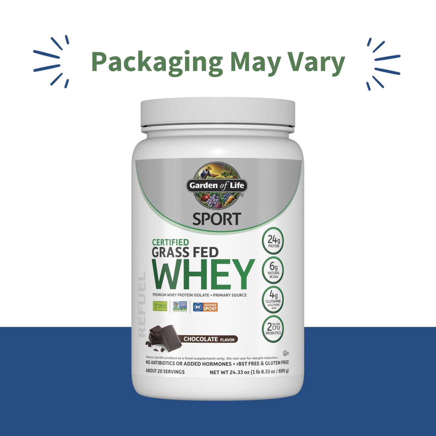 Garden of Life SPORT Whey Protein Powder Chocolate, Premium Grass Fed Whey Protein Isolate with Probiotics, 20 Servings
