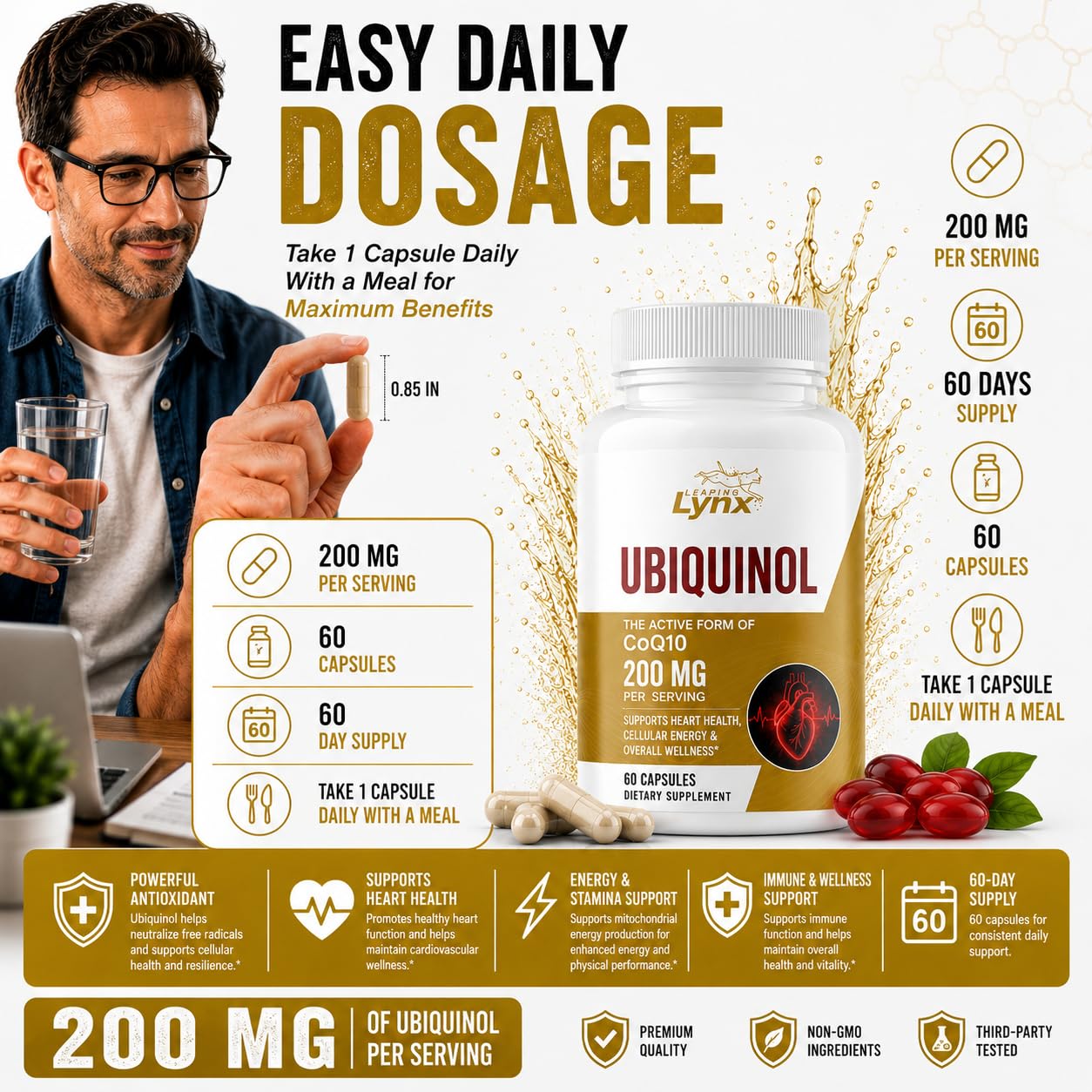Leaping Lynx Ubiquinol CoQ10 200mg High Absorption Active Coenzyme Q10 Supplement Capsule, 60 Capsules