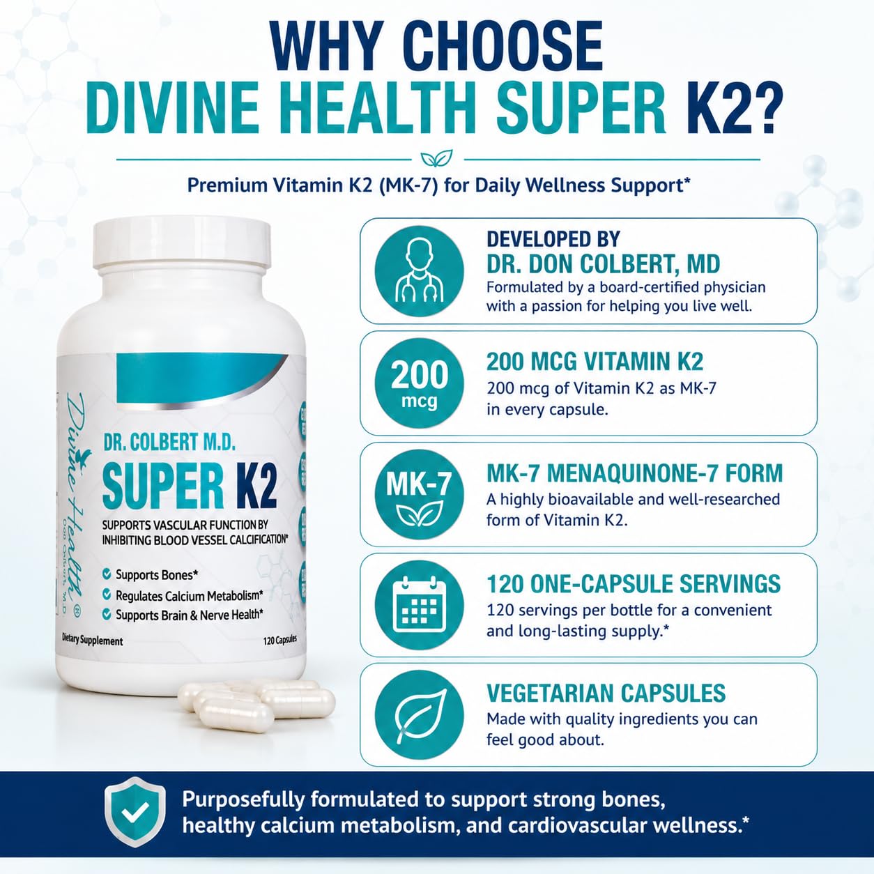 Divine Health Dr. Colbert, MD Super K2 MK-7 Vitamin K2 200mcg Capsules, 120 Capsules
