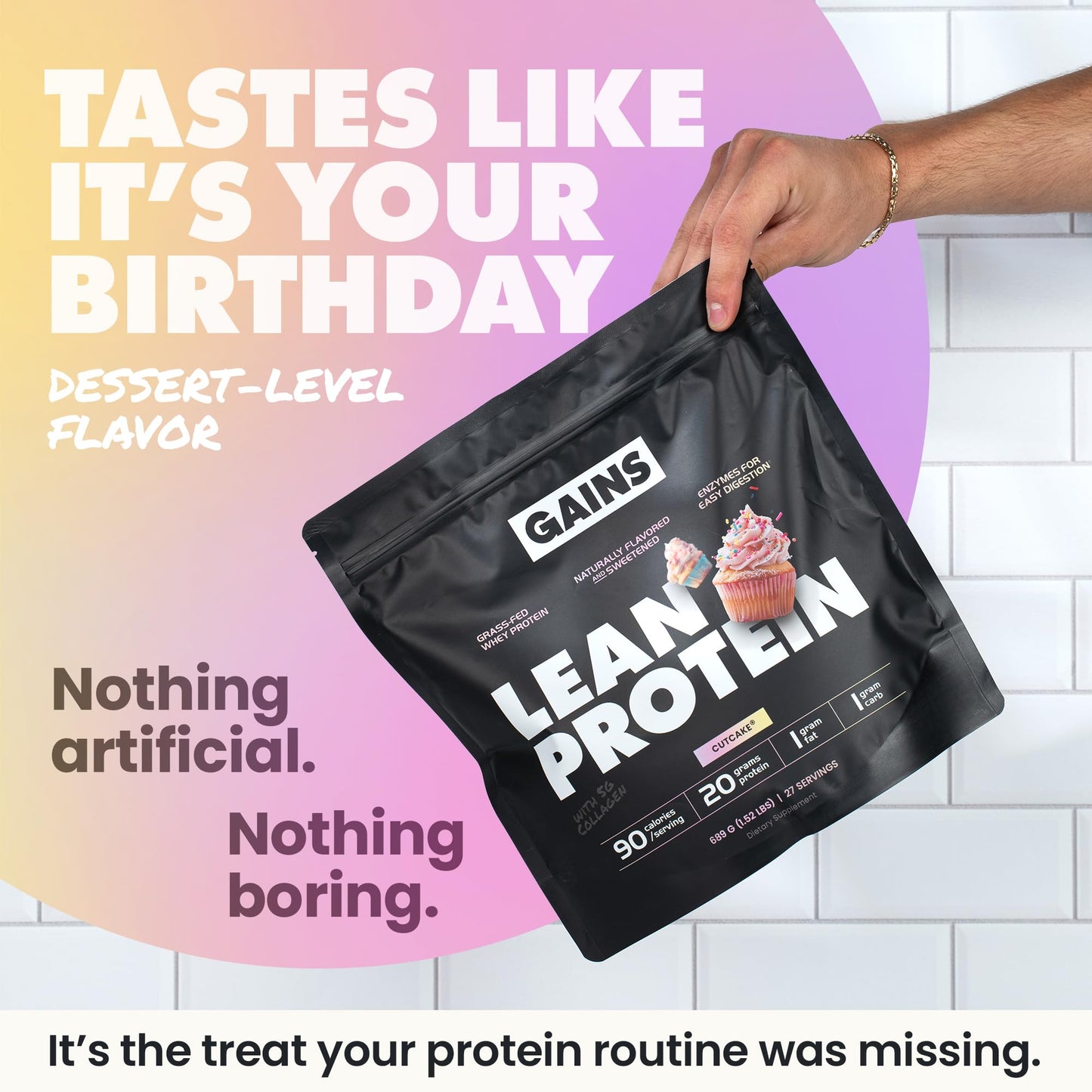 GAINS IN BULK Lean Grass Fed Whey Protein Powder with Collagen Peptides, Cutcake Flavor, 27 Servings