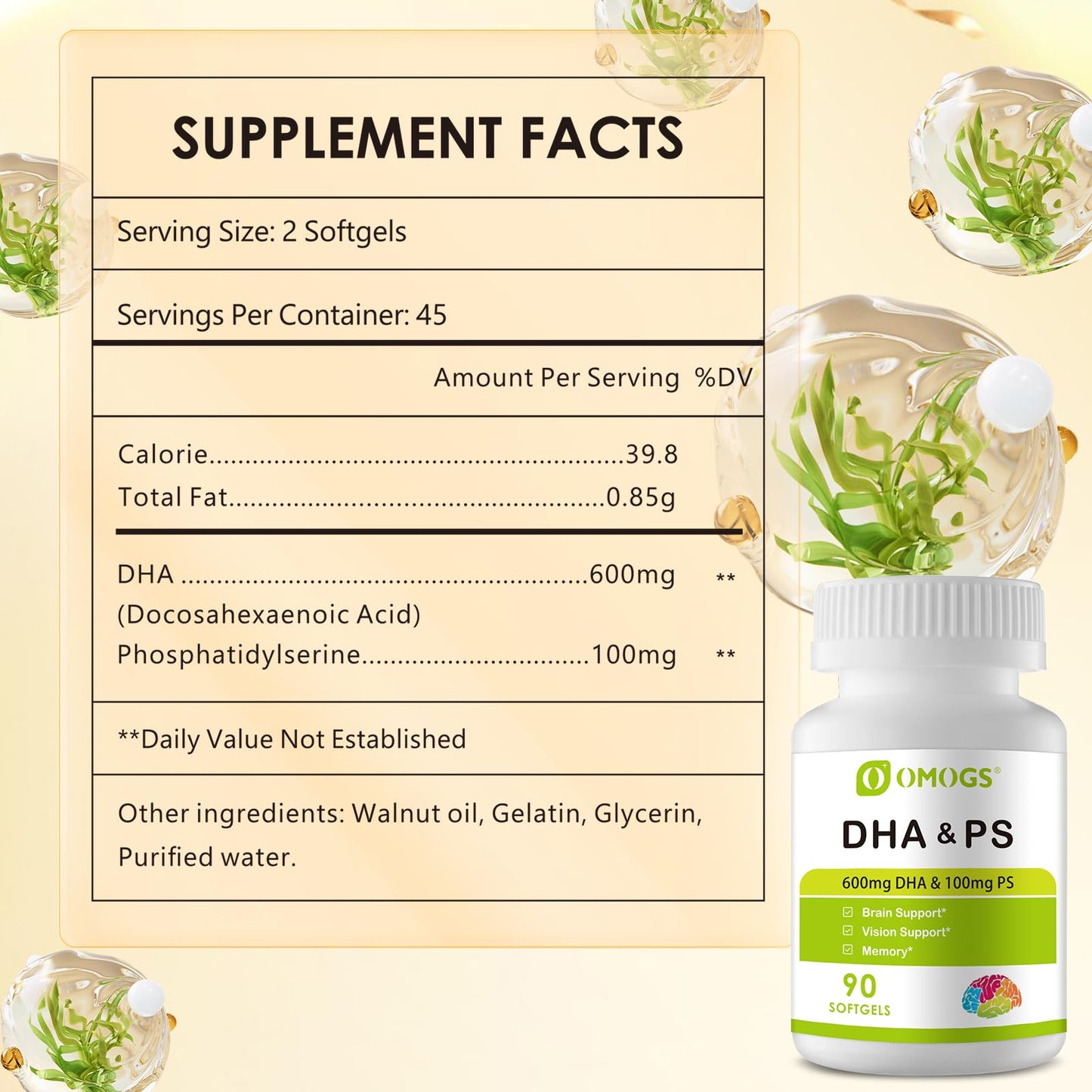 OMOGS Algae DHA - 600 mg Omega-3 DHA Softgels, 90 Softgels