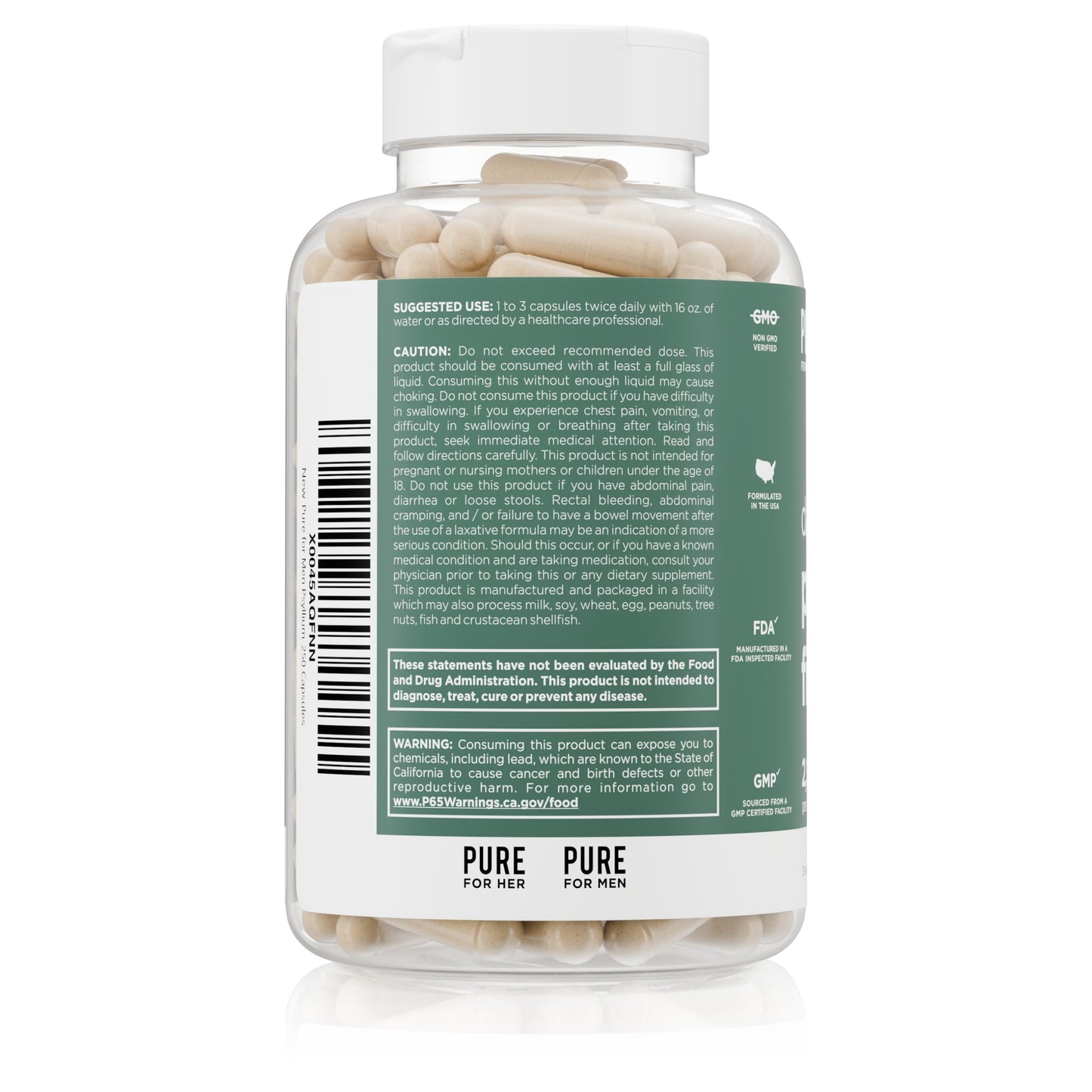 Pure for Men Daily Psyllium Husk Fiber Supplement Capsule, 250 Capsules