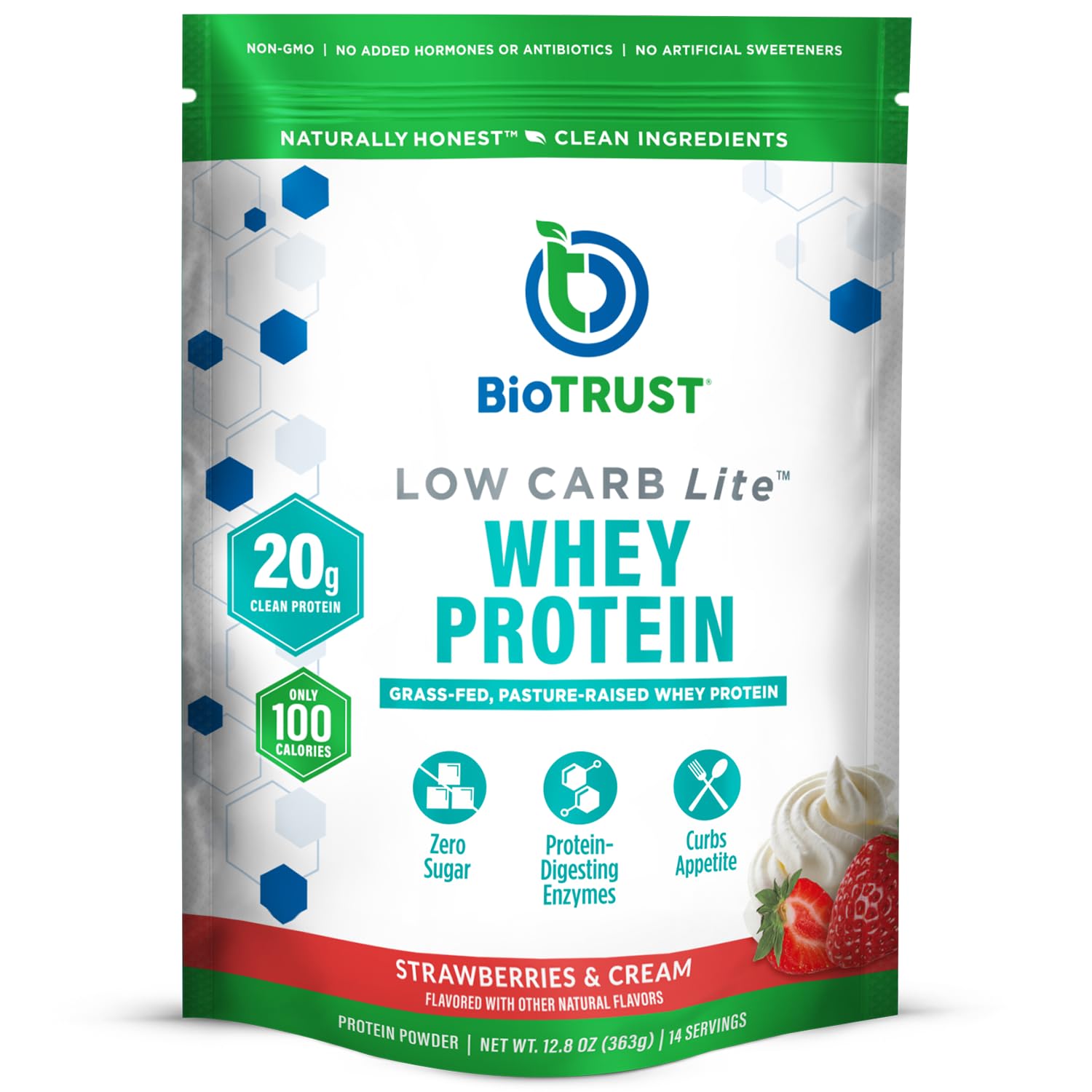 BioTrust Low Carb Lite Grass-Fed Whey Protein Isolate Protein Powder Strawberries and Cream 12.8 oz