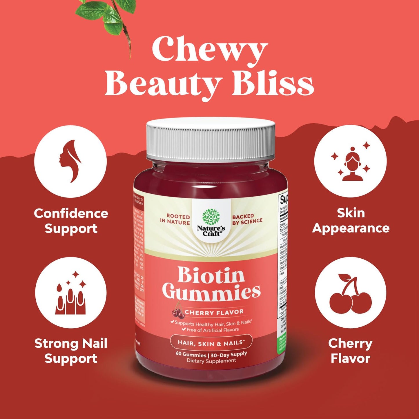 Natures Craft Biotin Gummies for Hair Growth with Pantothenic Acid, 60 Count
