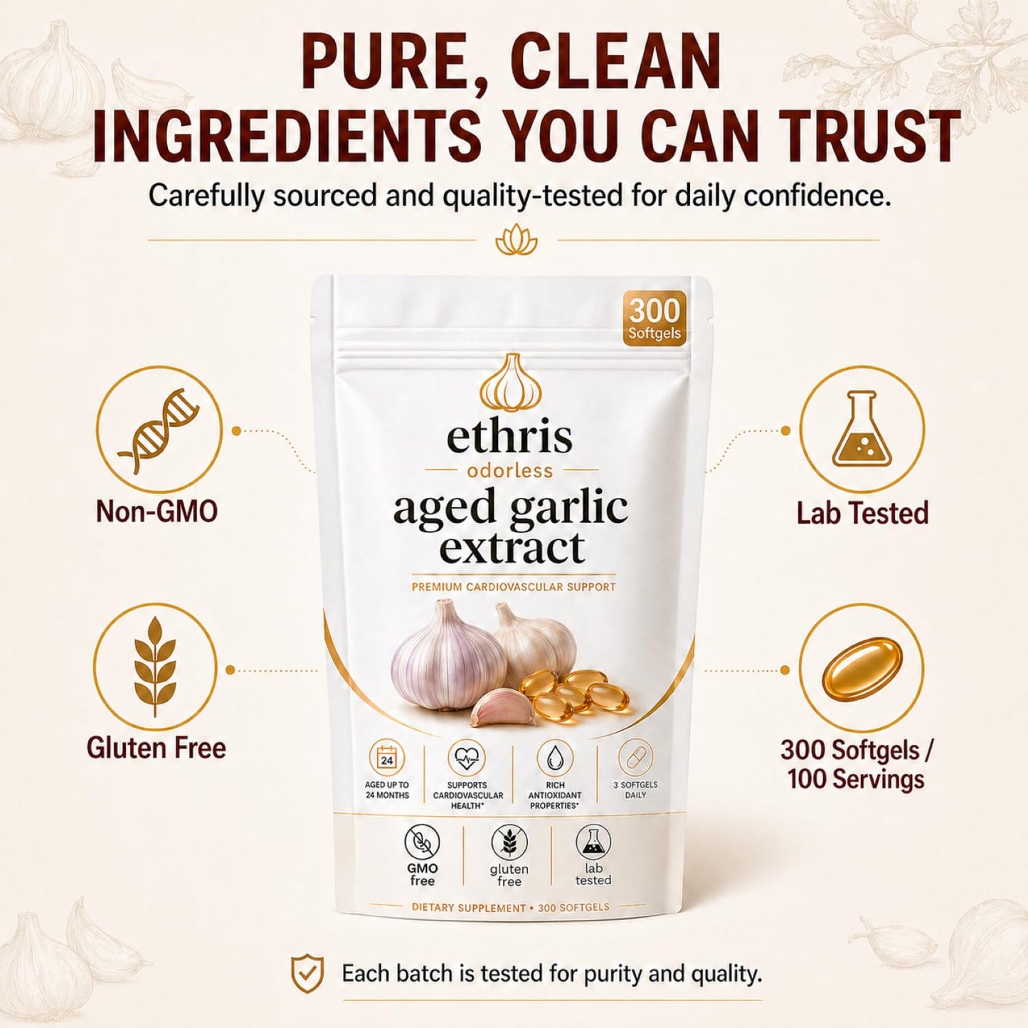 OIMTUE Nuvapure Aged Garlic Ethris Aged Garlic Extract Odorless Softgels Capsules 300 Count