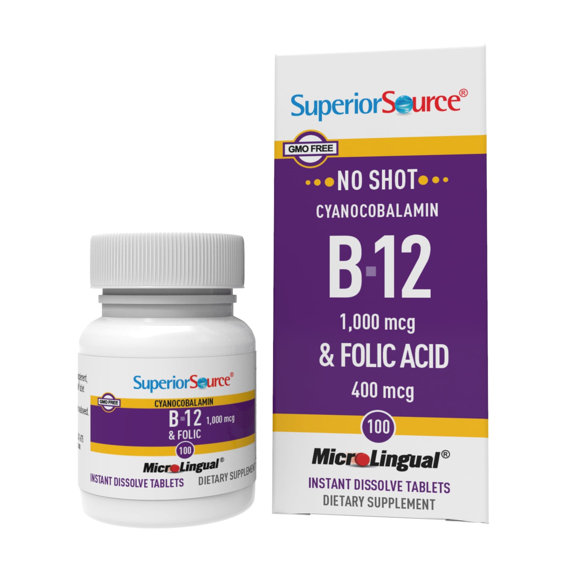 Superior Source No Shot Vitamin B-12 Cyanocobalamin 1000 mcg & Folic Acid 400 mcg Sublingual Tablets, 100 Count