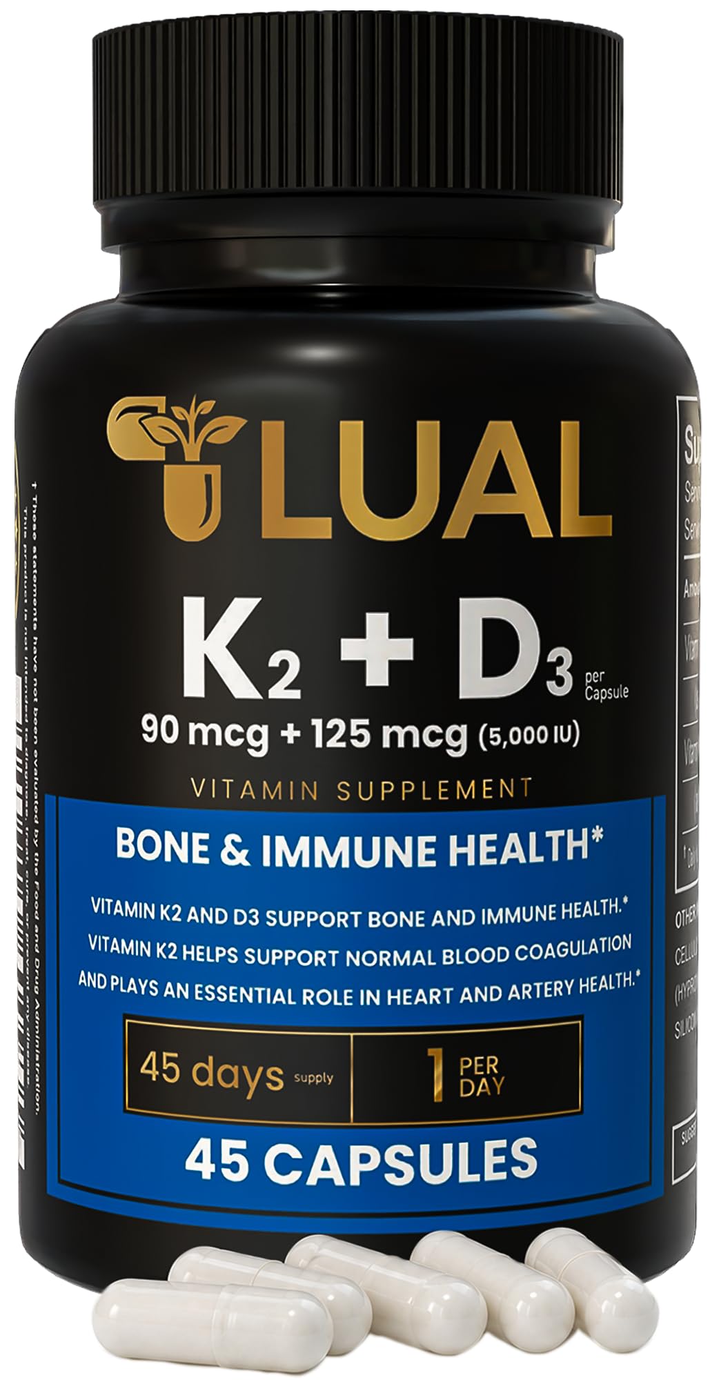 LUAL Vitamin K2 + D3 Supplement 45 Capsules