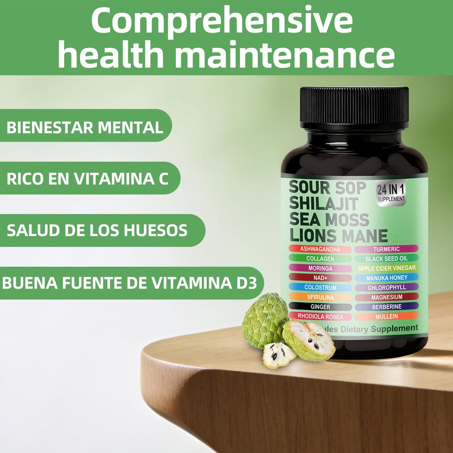 TENTOOL 24-in-1 Soursop Graviola Capsules with Sea Moss, Shilajit, Lions Mane, Immune Support, Energy, Gut Health, Vegan, 60 Capsules