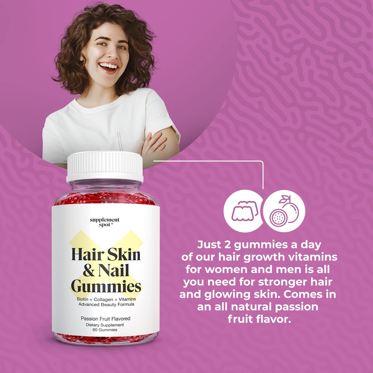 Supplement Spot Hair Skin and Nails Vitamins Biotin Gummies with Collagen, 6000 mcg Biotin, Passion Fruit Flavor, Gluten Free, 60 Gummies