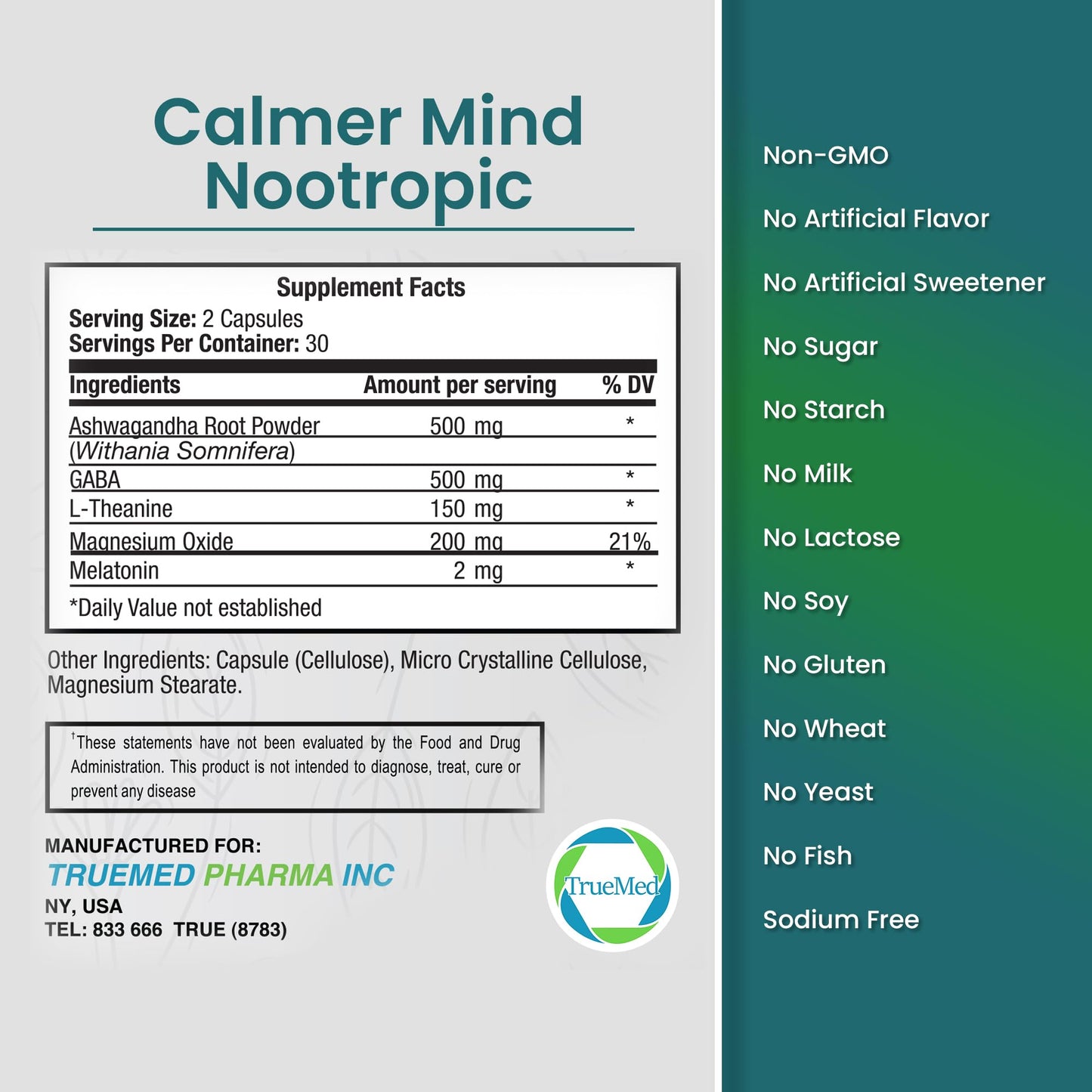 TRUEMED Calmer Mind Nootropic, 60 Capsules