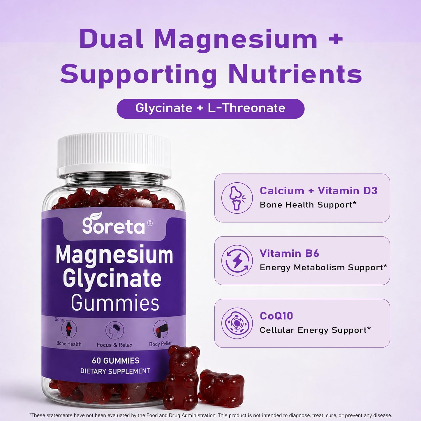Goreta Magnesium Glycinate Gummies 600mg Complex, Sugar-Free, Sleep Support, 60 Gummies