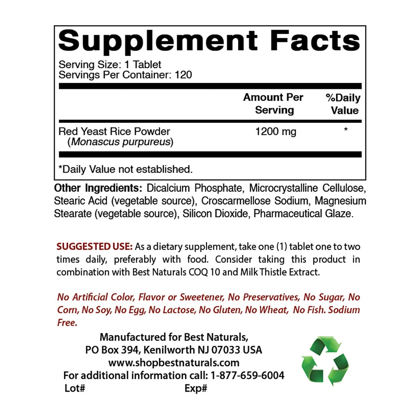 Best Naturals Red Yeast Rice Cholesterol Support 1200 mg & Vitamin B12 6000 mcg 1 Tablet