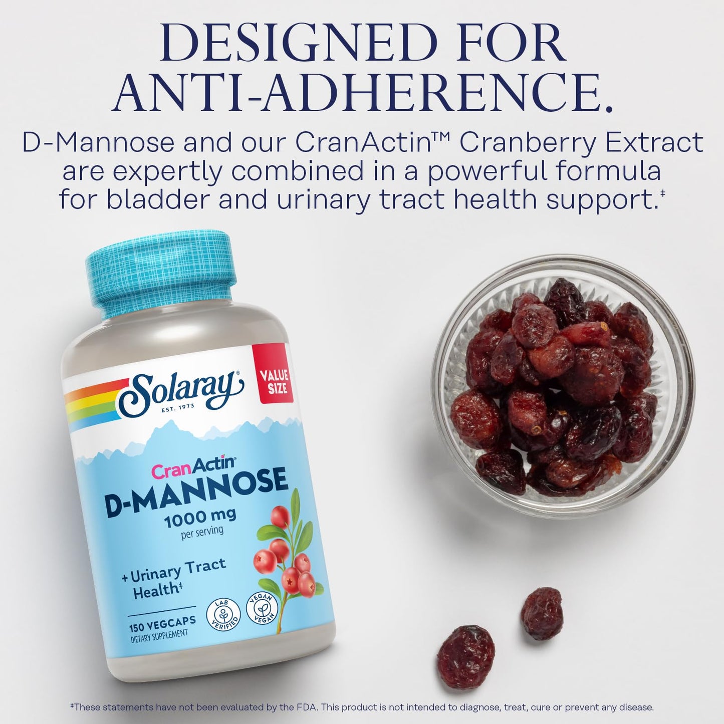 SOLARAY D-Mannose with CranActin Cranberry 400 mg Capsules, 150 Capsules