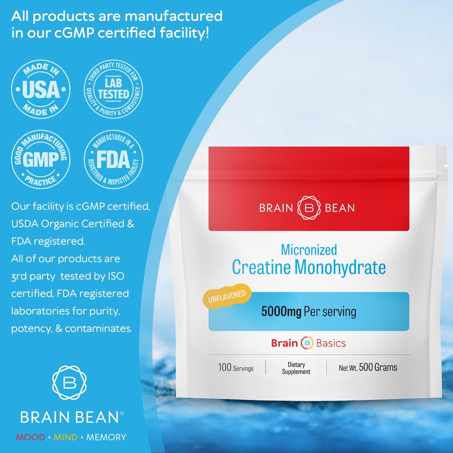 Brain Bean Creatine Monohydrate Powder 17.6 oz