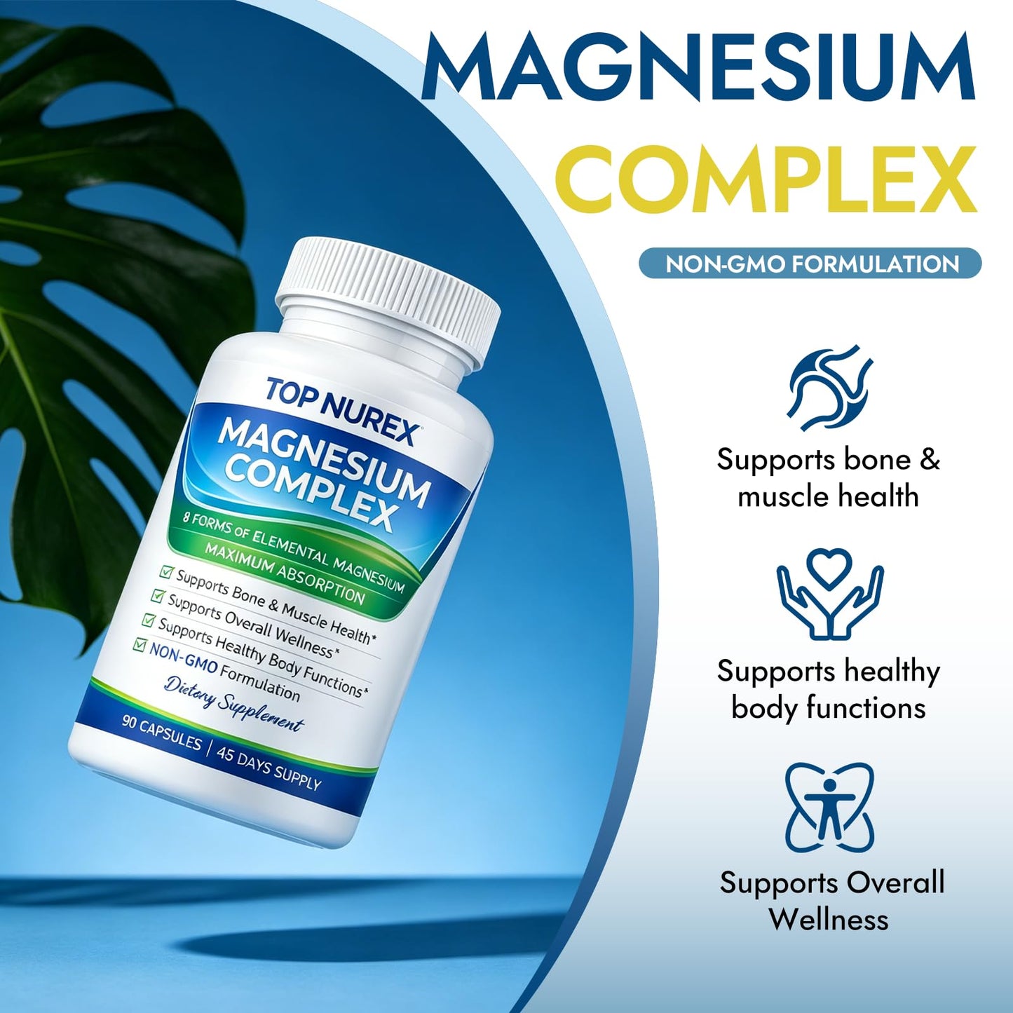 Top Nurex Magnesium Complex 1000 mg, 8-Source Magnesium Blend with Glycinate, Citrate, Malate & Taurate, Vegan Formula, Non-GMO, 90 Capsules