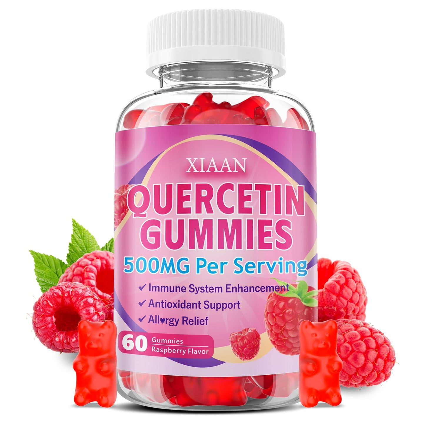XIAAN Quercetin Gummies 500mg for Kids & Adults, Organic Quercetin Supplements with Bromelain Zinc Vitamin C and D3 Support Antioxidant & Immune System Health, Raspberry Flavor, 60 Gummies