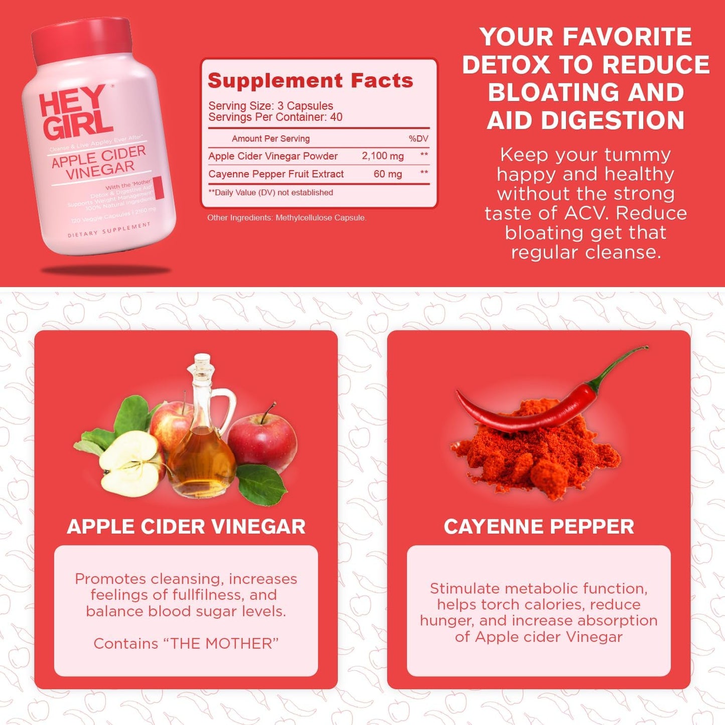 Hey Girl Tea Apple Cider Vinegar Capsules with The Mother, 2160mg, Cayenne Pepper, 120 Capsules