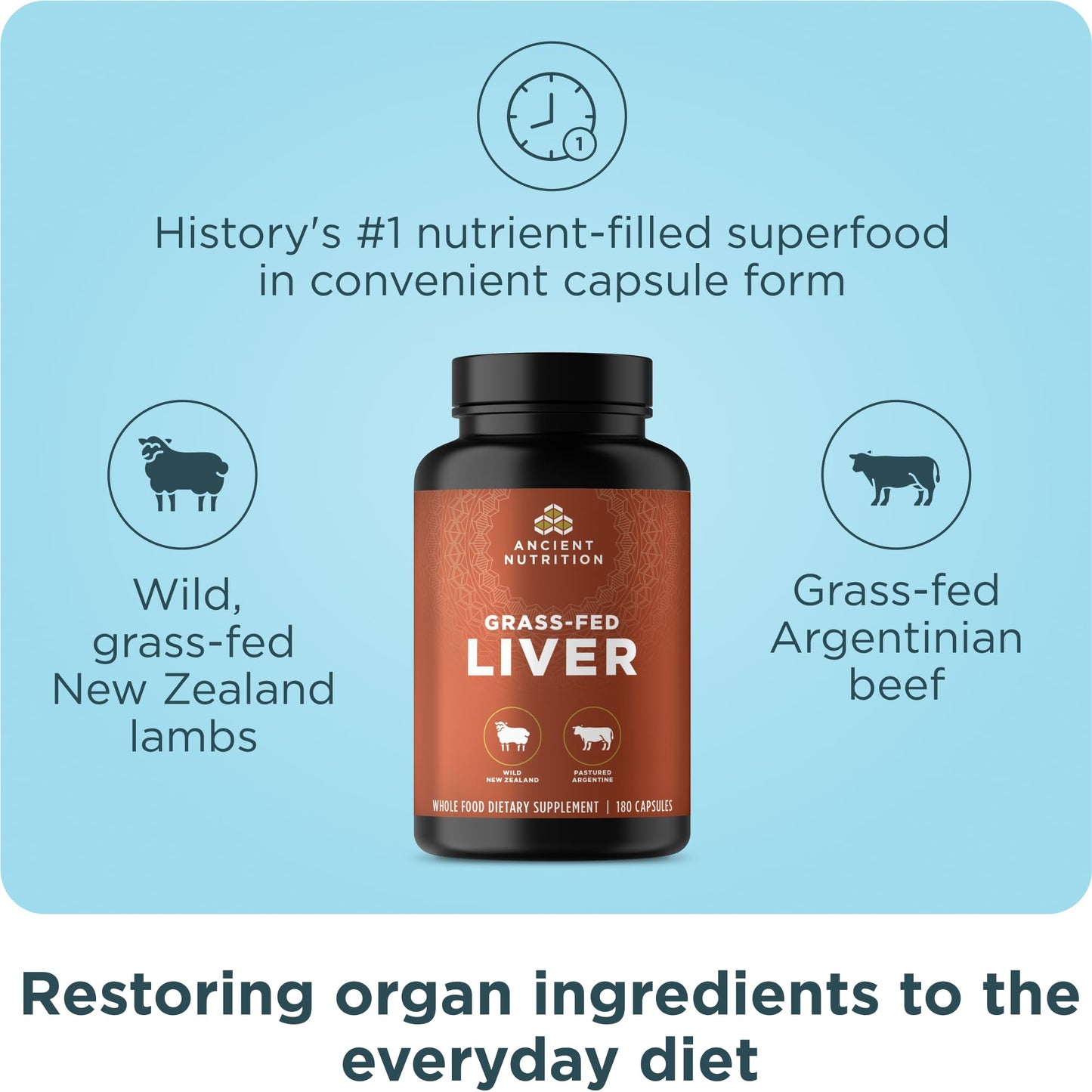 Ancient Nutrition Organ Supplements Grass-Fed and Wild Organ Complex Beef & Lamb Liver Capsules, 180 Capsules