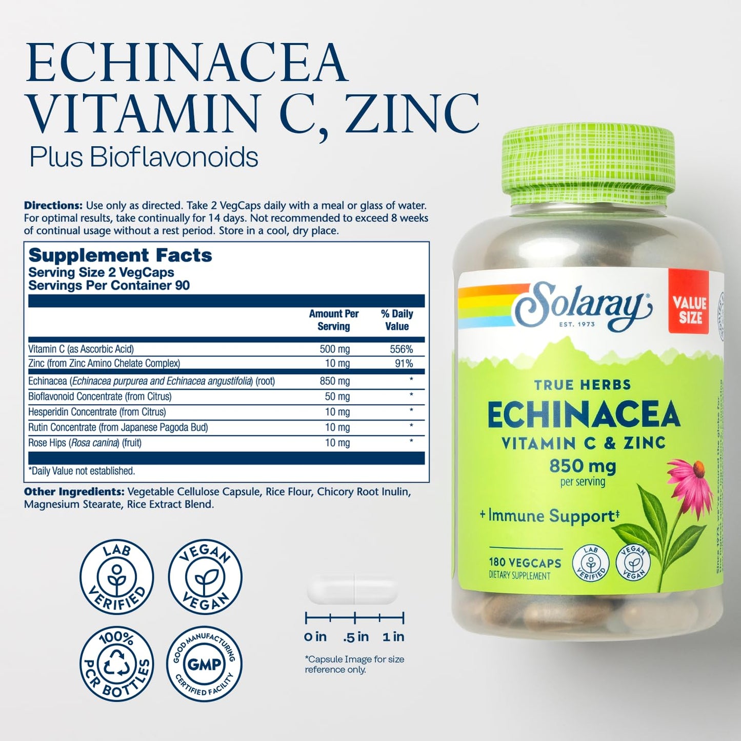 Solaray Echinacea with Vitamin C & Zinc Immune Support Capsule, 180 Capsules