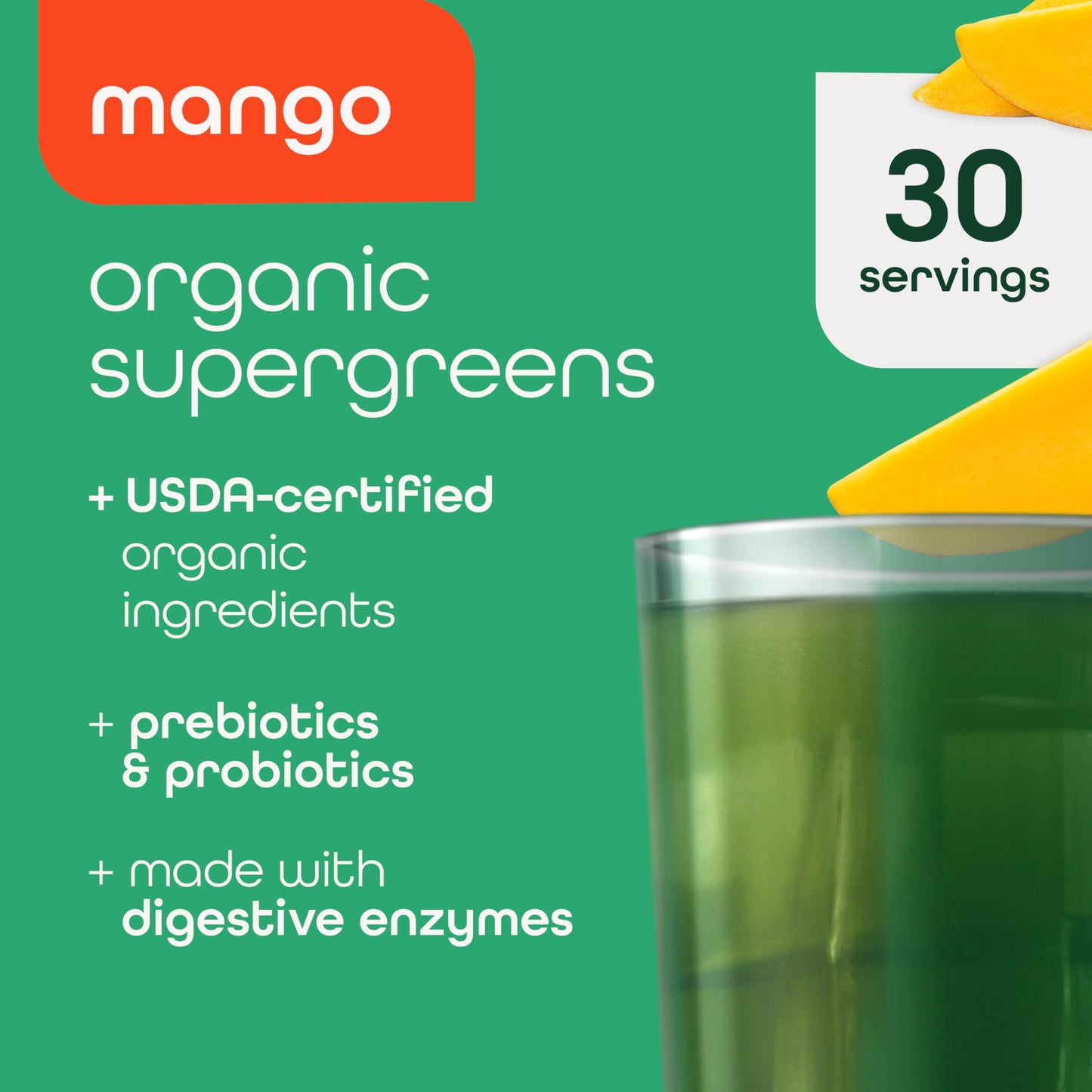 Zena Nutrition Organic Super Greens Powder Mango, 8.5 oz, 30 Servings