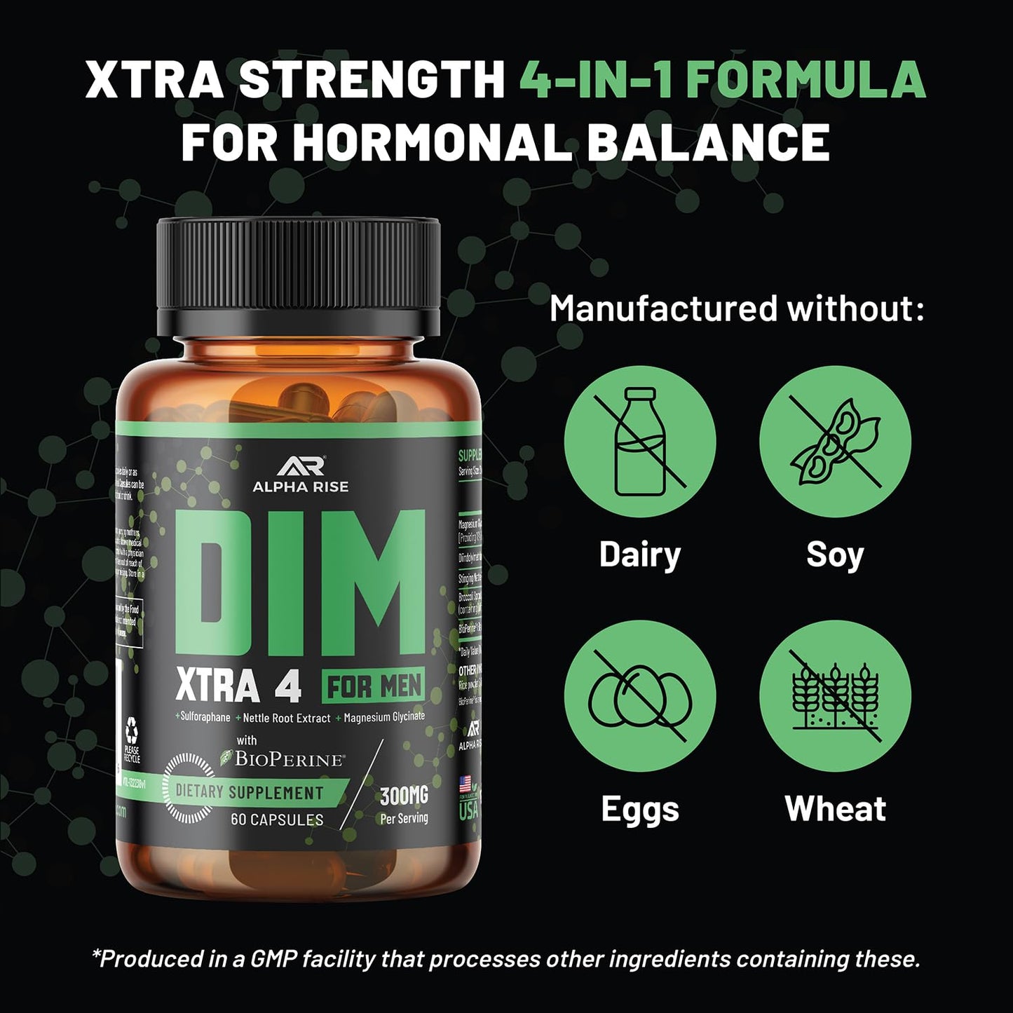 ALPHA RISE DIM XTRA 4 300 mg Estrogen Blocker for Men & Aromatase Inhibitor Testosterone Hormone Restorer & Energy Booster With Magnesium, Nettle and Sulforaphane Broccoli Extract Capsule 60 Count