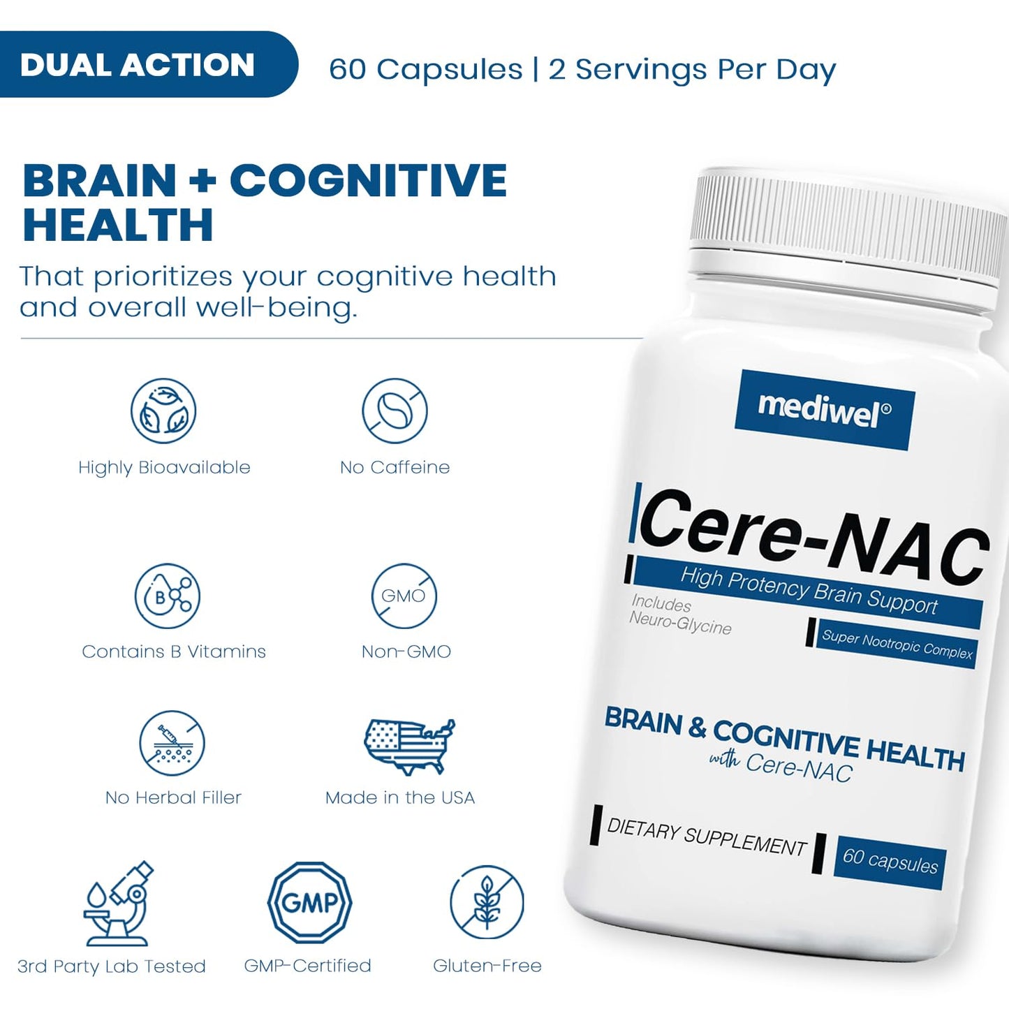 MEDIWEL Cere-NAC Advanced Brain Supplement Capsules, 60 Count