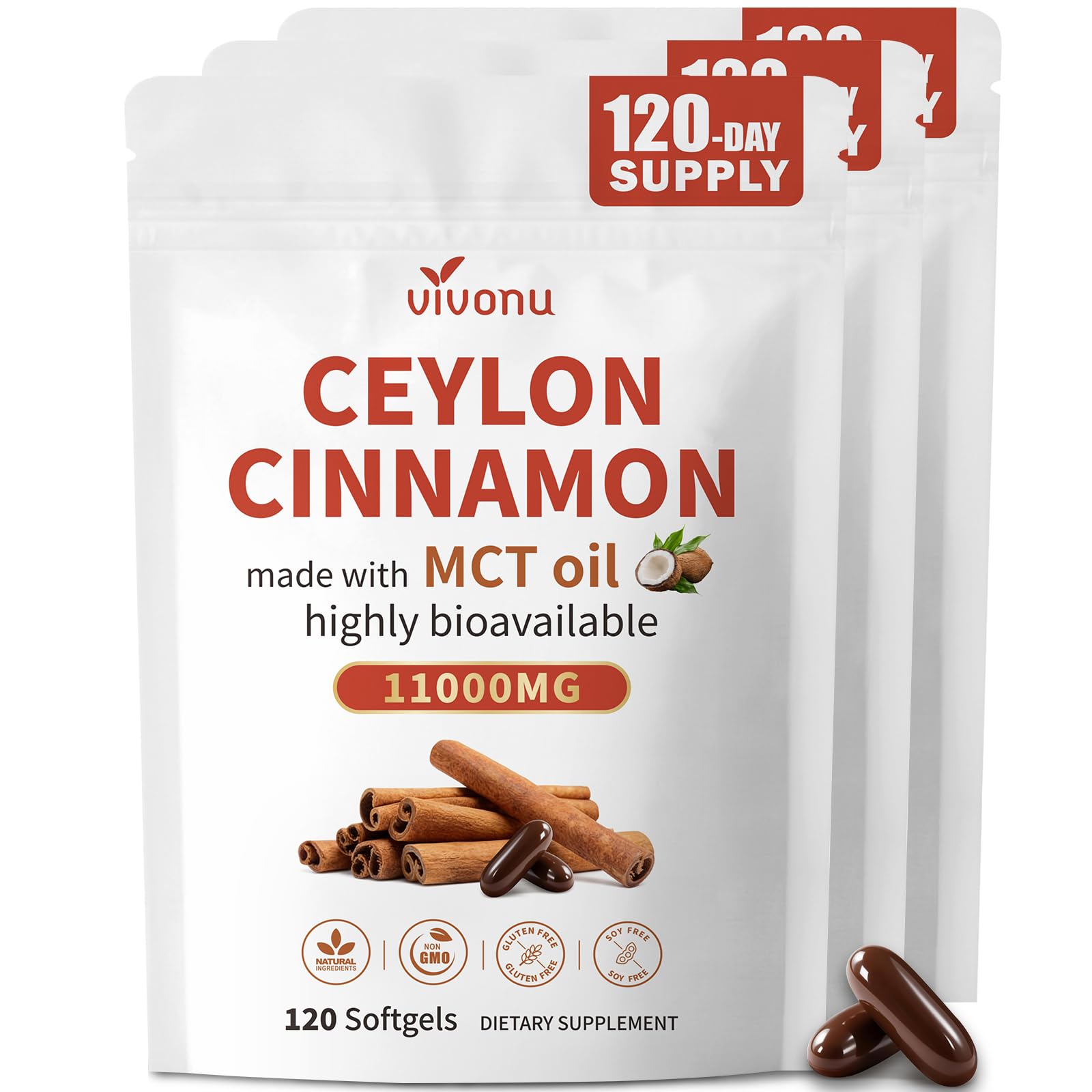 VivoNu 2-in-1 Organic Ceylon Cinnamon with MCT Oil Softgels, 360 Softgels