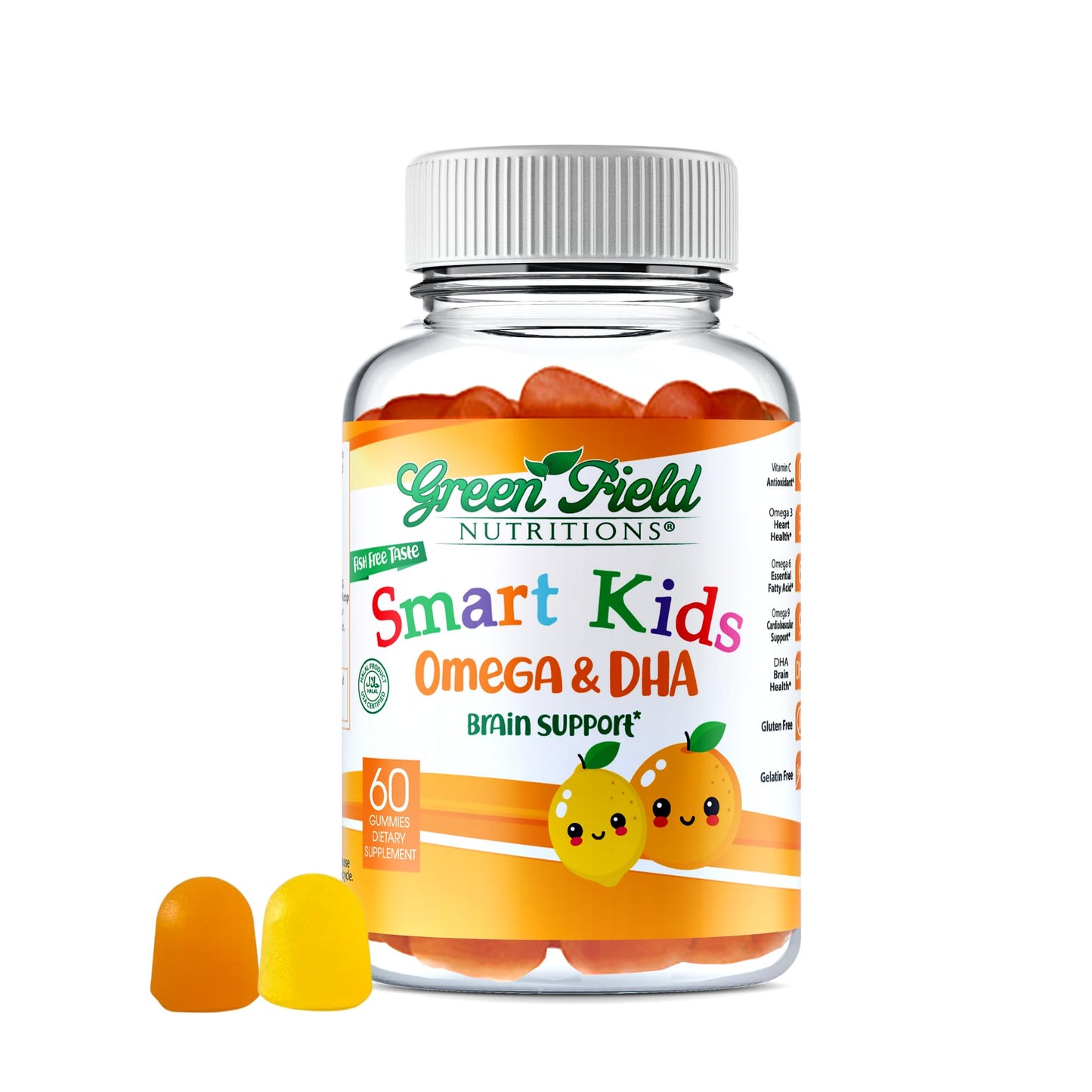 GREEN FIELD NUTRITIONS Smart Kids Halal Omega-3 Gummies with DHA, 60 Gummies