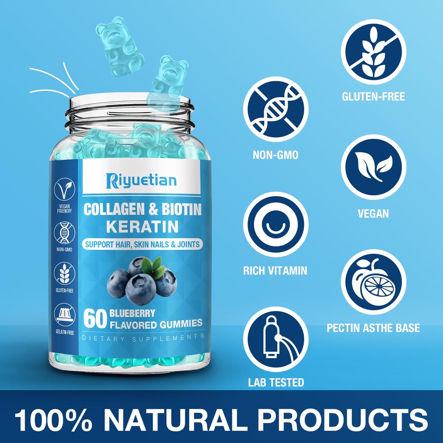 Riyuetian Biotin Gummies 15000mcg with Collagen for Adults, 60 Count