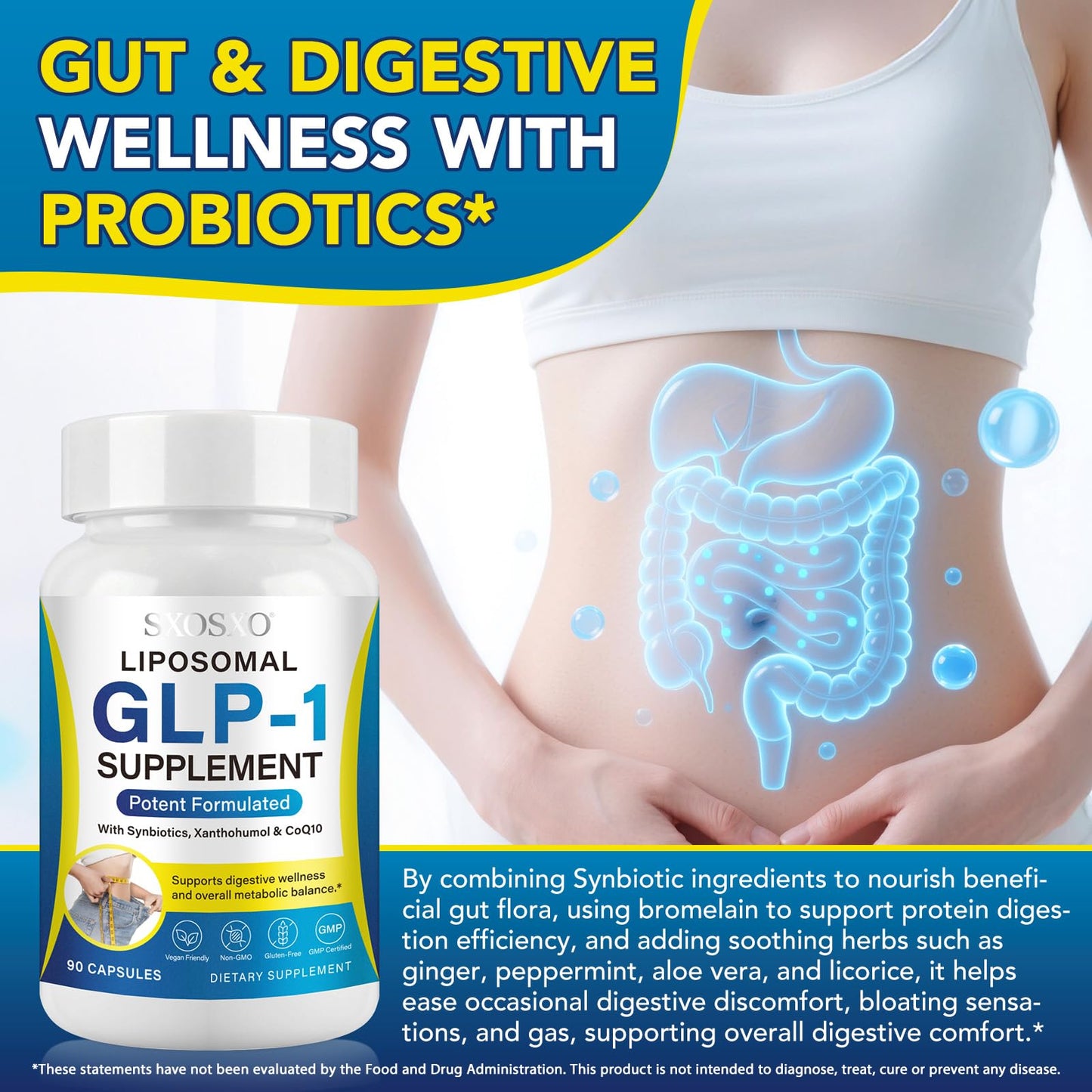 SXOSXO GLP-1 Supplement - Appetite Control Formula with Synbiotics - Prebiotic and Probiotic for Women & Men, Boost Metabolism & Support Gut Health, 90 Capsules