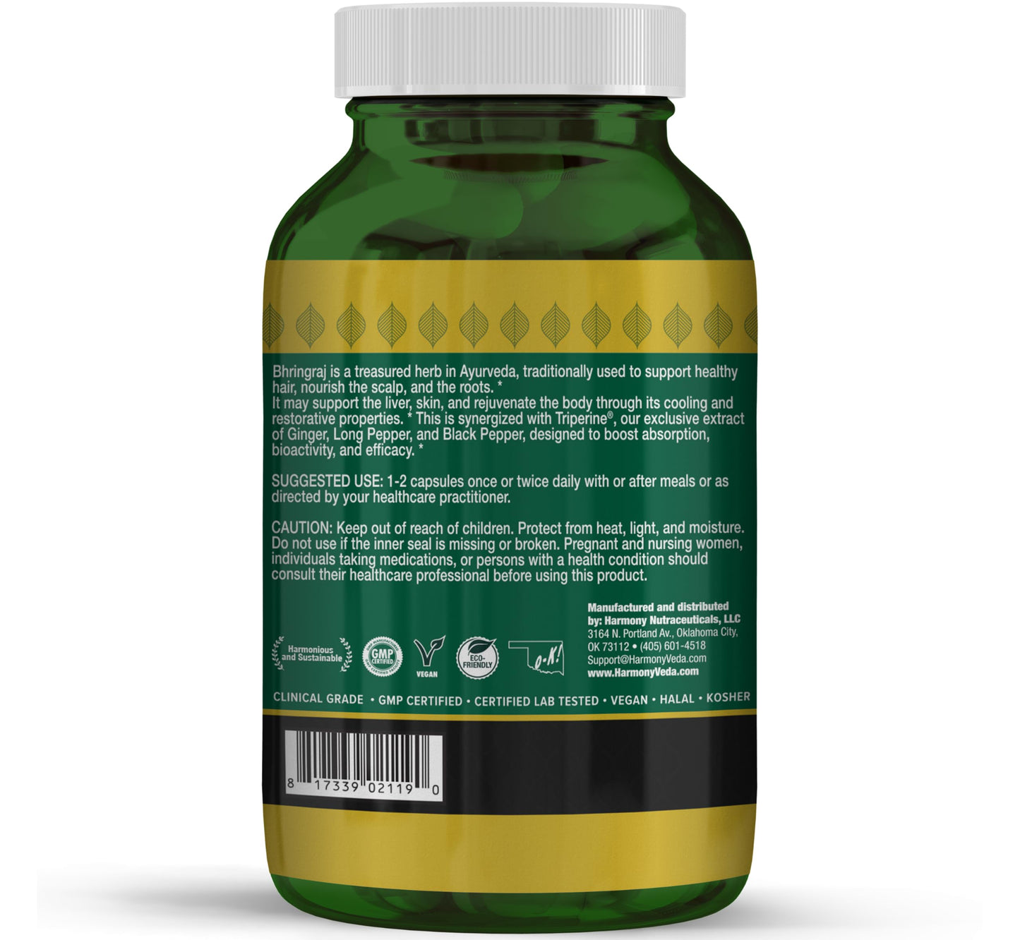 Harmony Nutraceuticals Bhringraj Supreme with Triperine, Ayurvedic Herbal Supplement for Hair, Skin and Liver Support Capsules, 120 Count