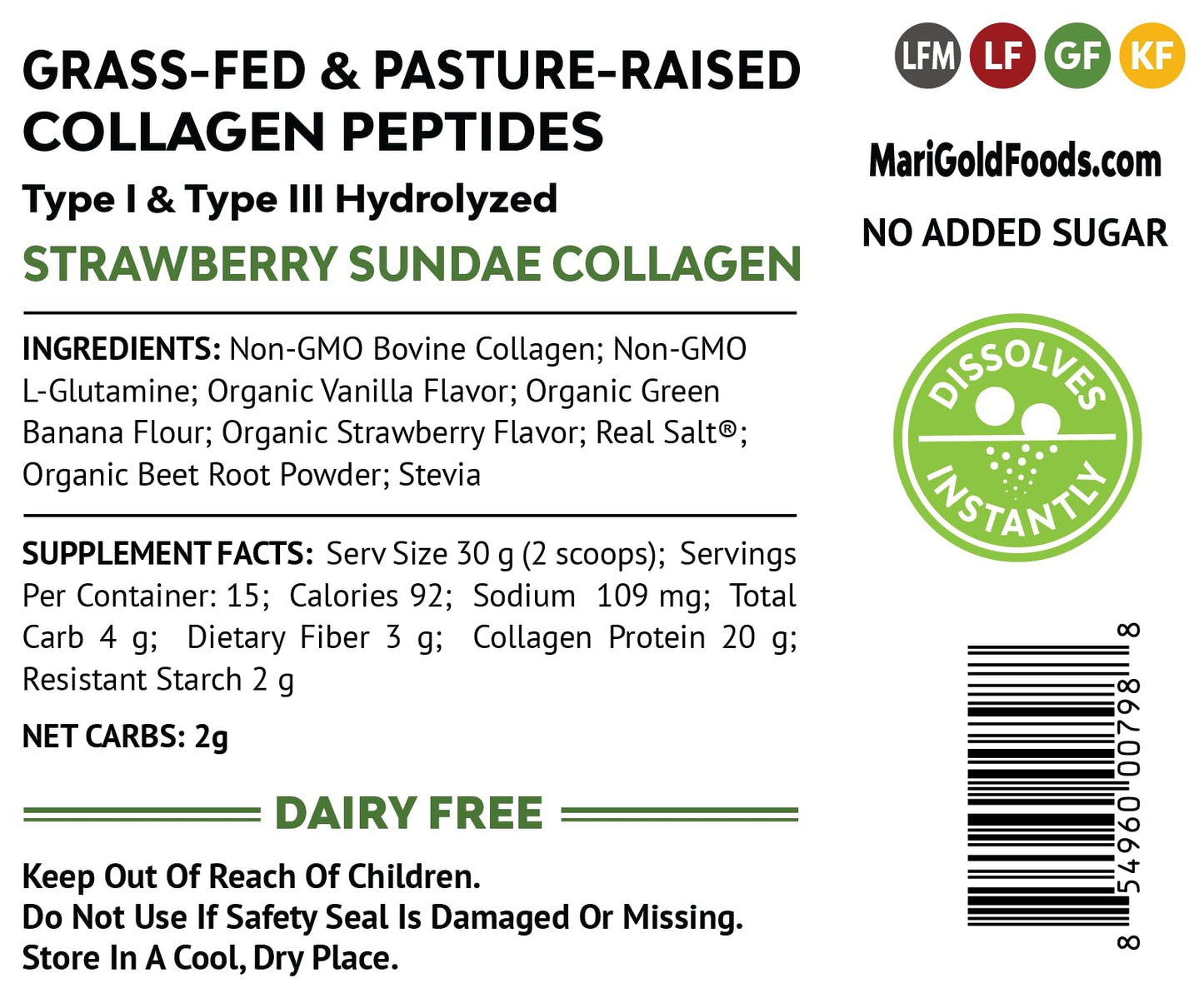 MariGold Grass-fed Collagen Peptides Powder Strawberry Sundae 16 oz