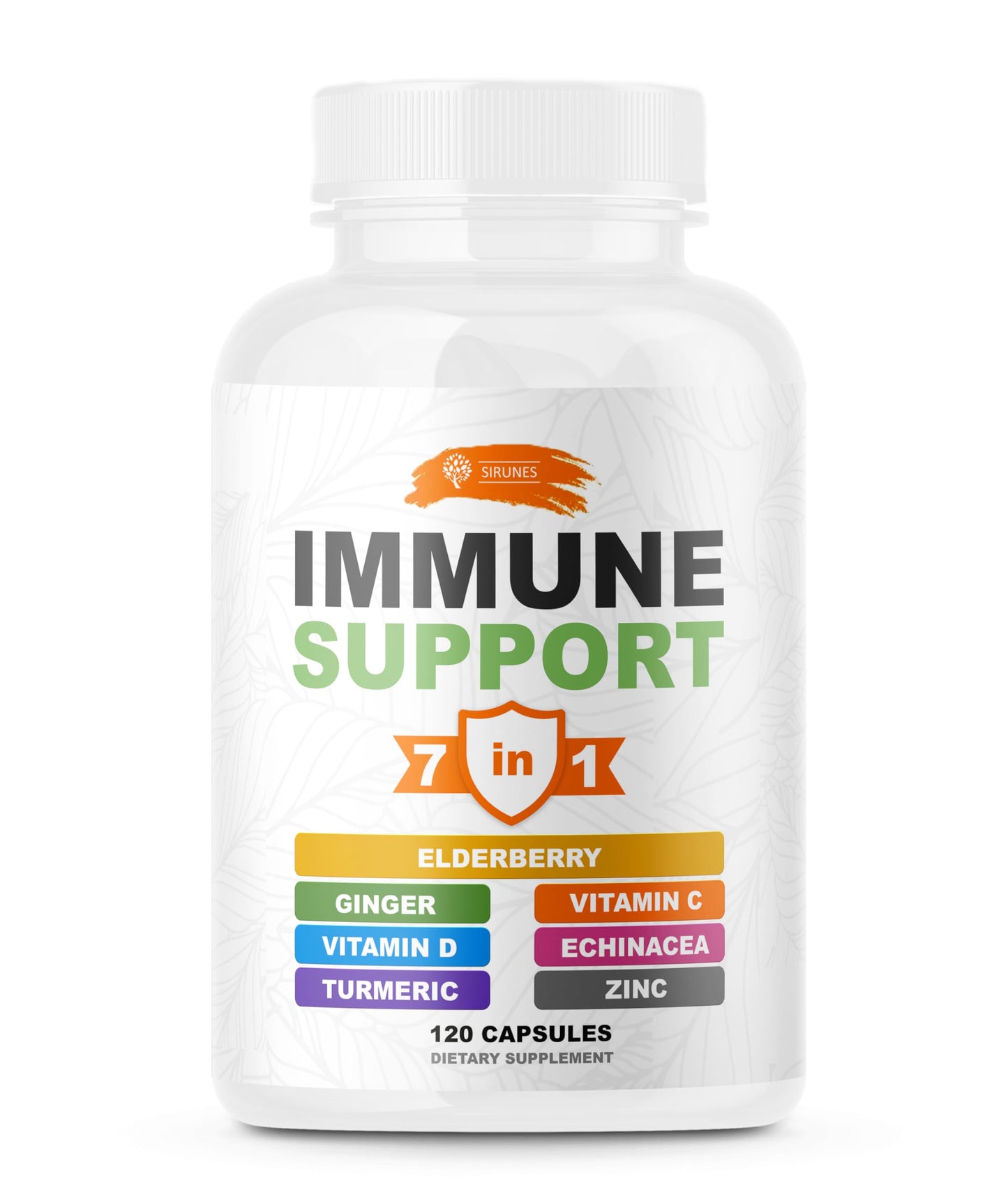 SIRUNES Immune Booster - Immunity Support Multivitamin with Vitamin C, D3, Elderberry, Zinc, Echinacea, Ginger & Turmeric - Antioxidant, Energy, Brain Health & Stress Relief, 120 Capsules