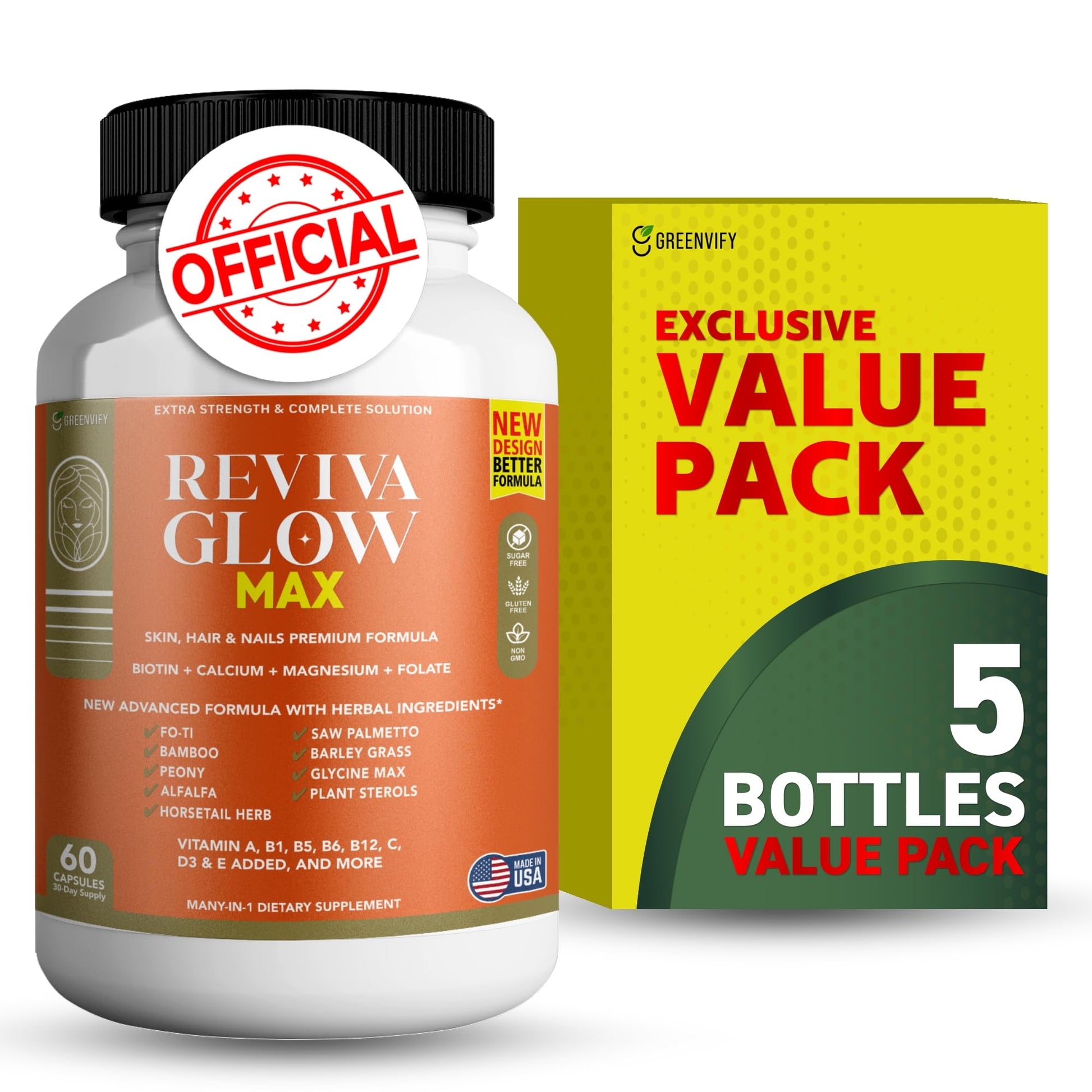 GREENVIFY Reviva Glow Max Hair, Skin & Nails Support Supplement, 300 Capsules