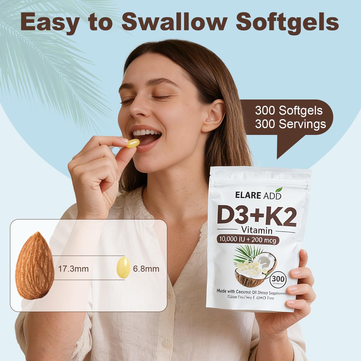 Aeteon Vitamin D3 K2 Softgels 10,000 IU, 200 mcg K2 MK-7, Virgin Coconut Oil, 2-in-1 Replenish Formula, 300 Count
