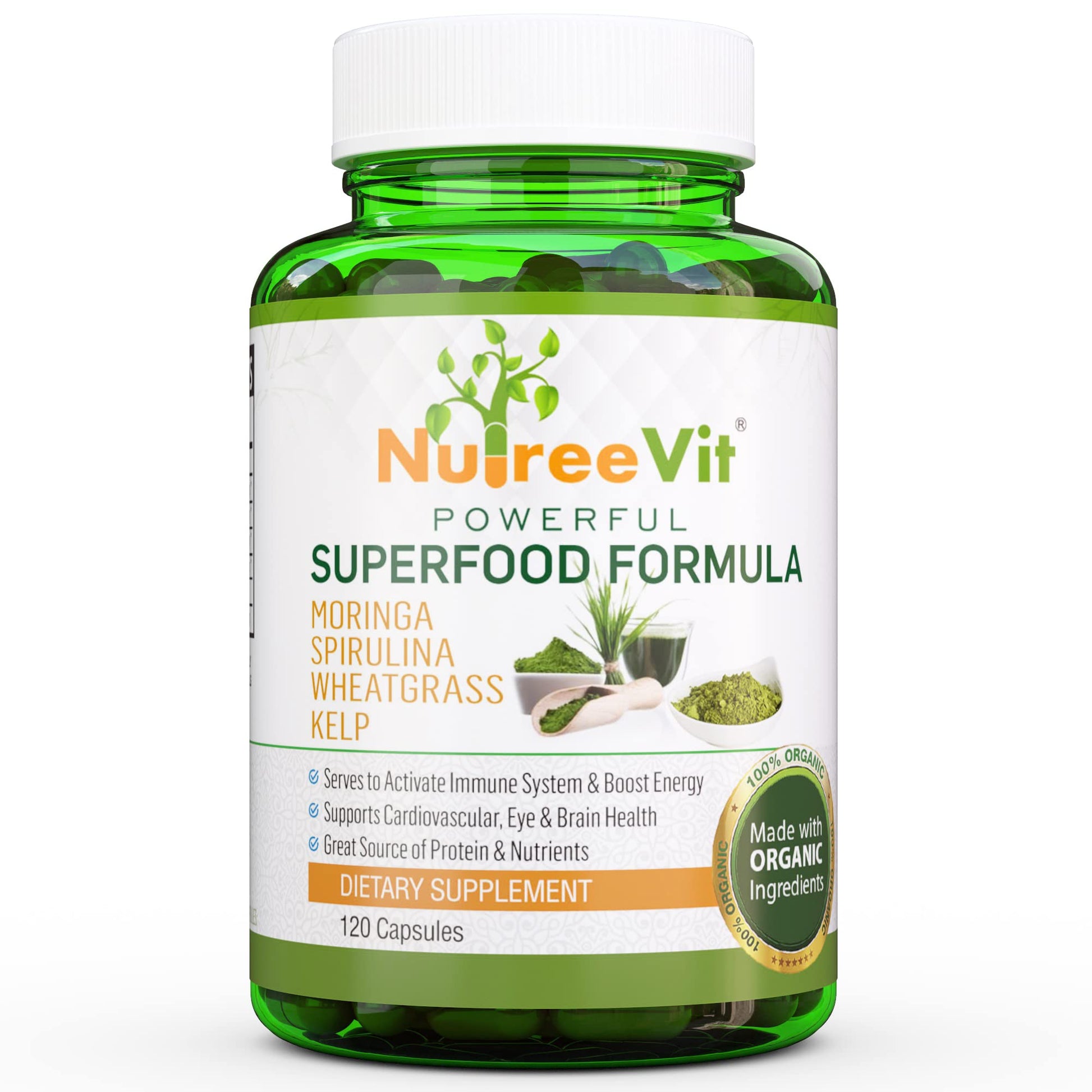 NutreeVit 100% Organic Powerful Superfood Formula Immune System Booster with Moringa, Spirulina, Wheatgrass, and Kelp Capsules, 200 Count