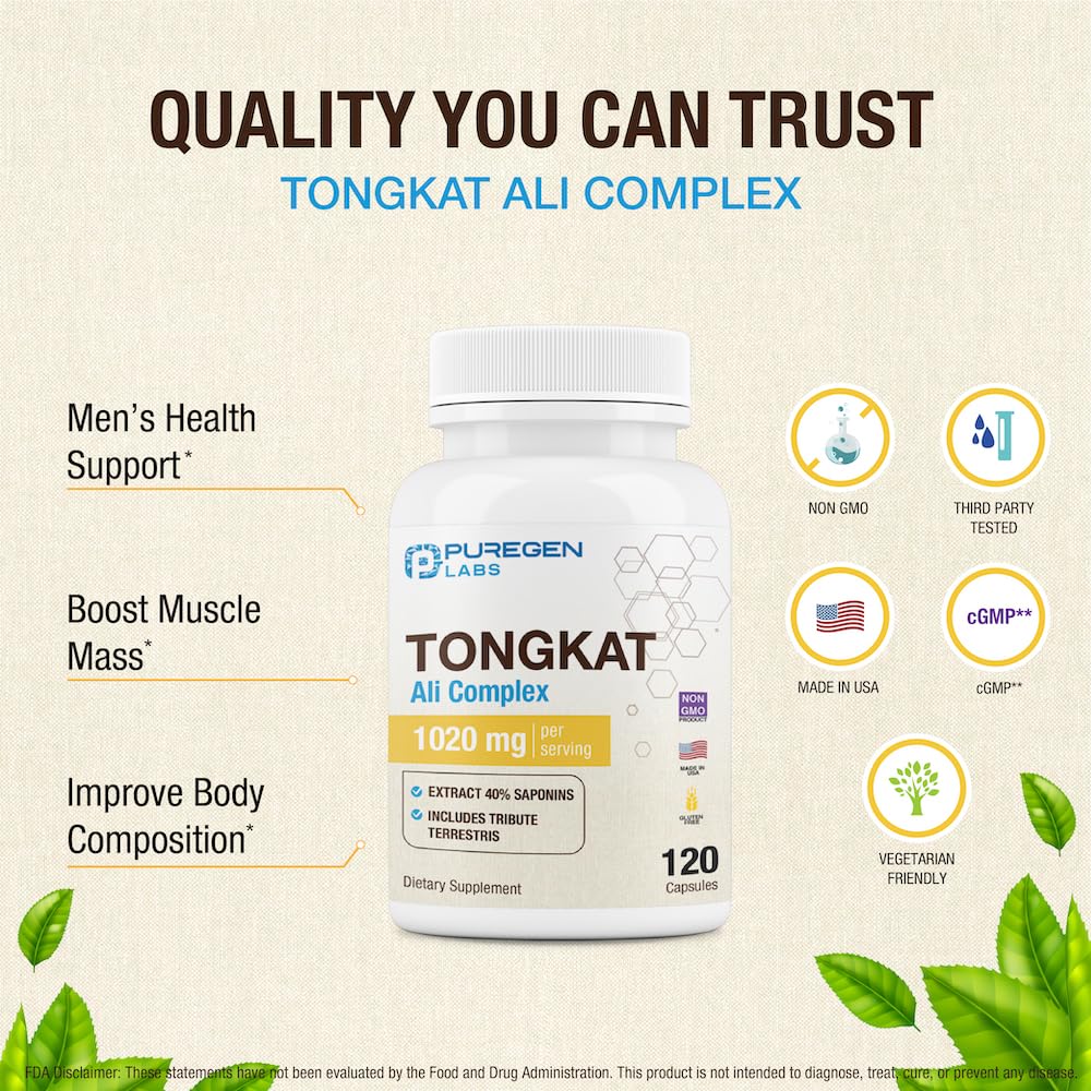 Puregen Labs Tongkat Ali Extract 200 to 1 for Men, 1020mg per Serving, High Potency with 20mg Tribulus Terrestris, 120-Count Capsules